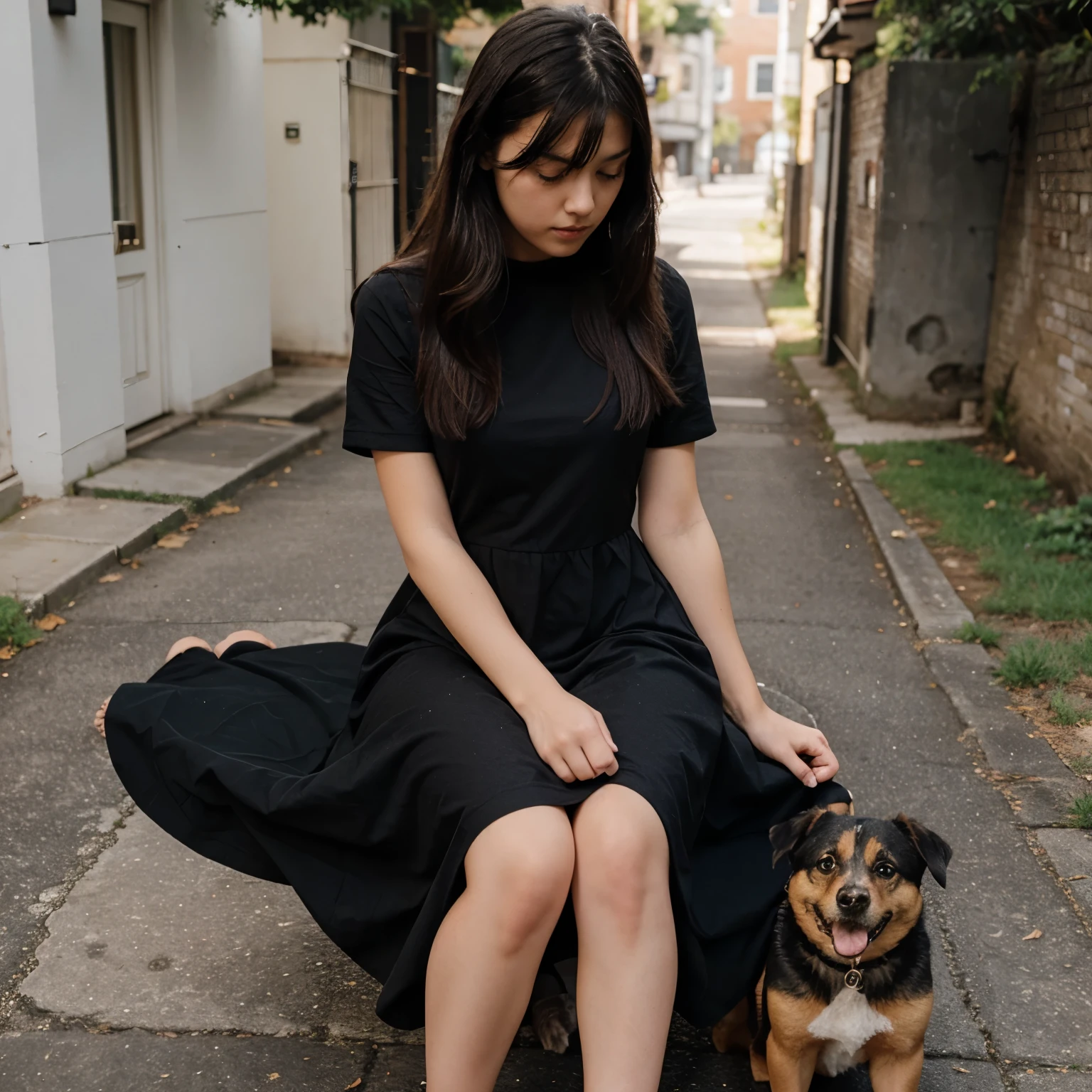 A 20 years girl wearing black dress with a dog