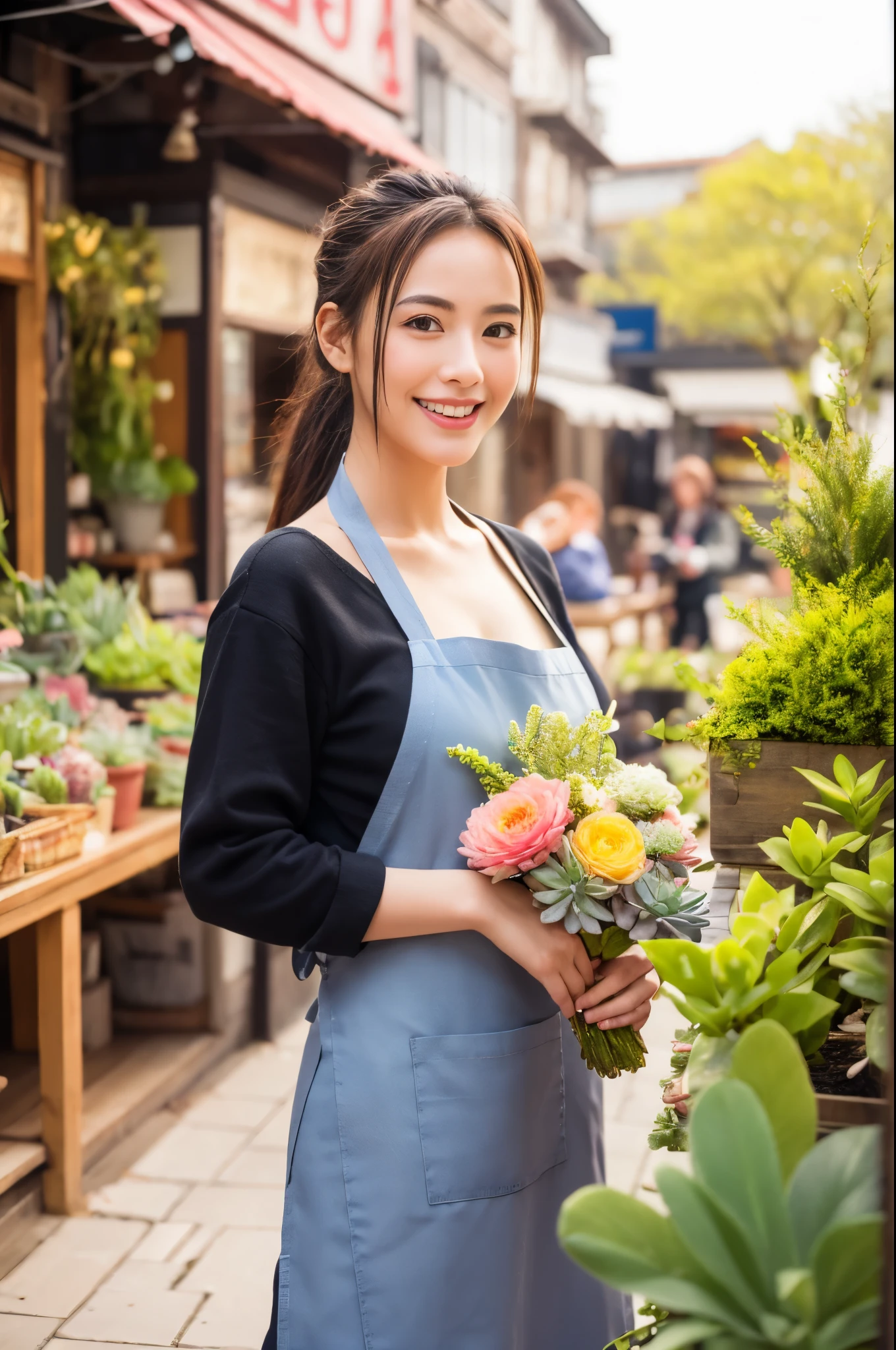 ((masterpiece,best quaLightingy 1.4)), (8k,RAW Photos:1.2), (Realistic,photo Realistic:1.4), Ultra-high resolution , (Highly detailed 8k wallpaper) ,Japanese Idols, Japanese actress, Japanese, very cute, Big eyes, Highly detailed eyes and face, Beautiful eyes in every detail,Shiny skin,Portraiture,(ponytail :1.2),(smile:1.3) ,(Holding a bouquet:1.2),Lighting, Sharp focus, Written boundary depth , (Dynamic Angle:1.4 ). Blur the background, Bokeh, (apron:1.3) ,A small flower shop bathed in spring sunlight, Colorful flowers lined up. In front of the shop, Vibrant bouquets and hanging succulents on display... The background is cobblestones and old-fashioned streetscapes..