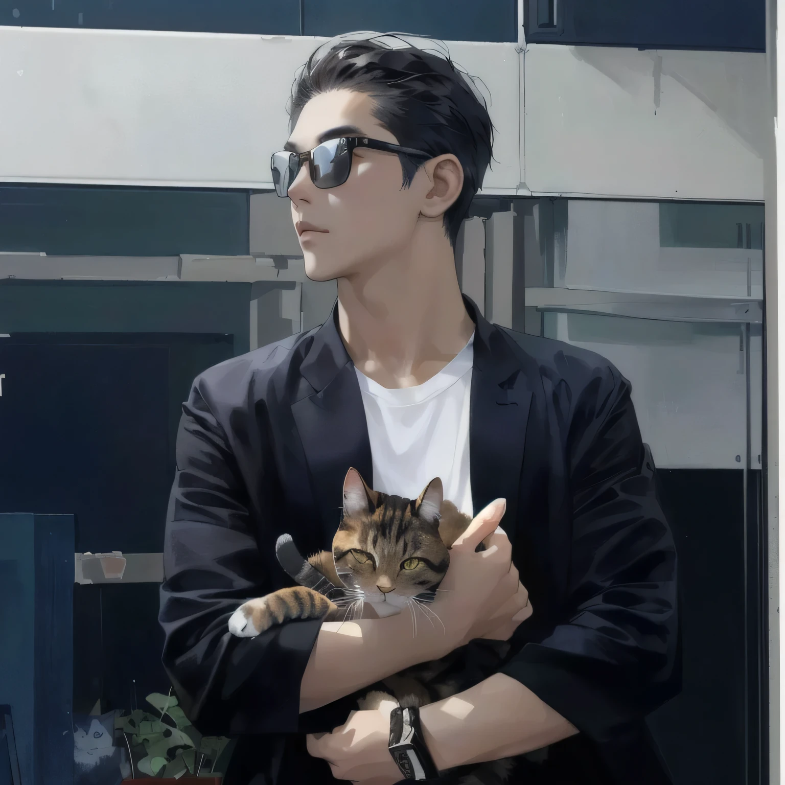 araffe and a cat in a man's arms, Xiaorong, holding a cat, Kitten on legs, Awards, a cat, Inspired by David Diao, Ruan Jia and Brom, and his pet bird, Liu Xingchi and artgerm, Jude Palenca, Human-cat hybridization, pet