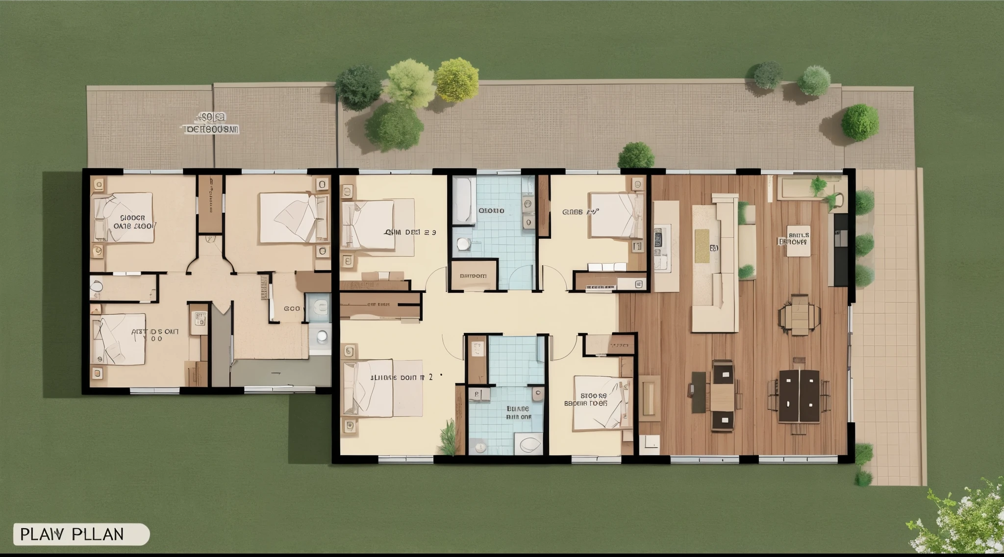 Play the role of an architect, draw a house plan as follows: width 20m, length 10m, 2 bedrooms, 1 living room, 1 kitchen