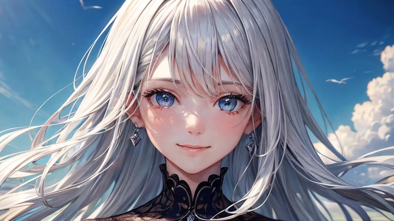 (Oil, masterpiece, highest quality, Very detailed, Focus on the characters), 1 female,Beautiful silver hair,Big smile,Bright blue sky,Detailed depiction of hair,Black and white dress,([return:0.8]|[ face facing returnwards:1.1]), ,([ ground:1.3]| [High Contrast:1.1])  