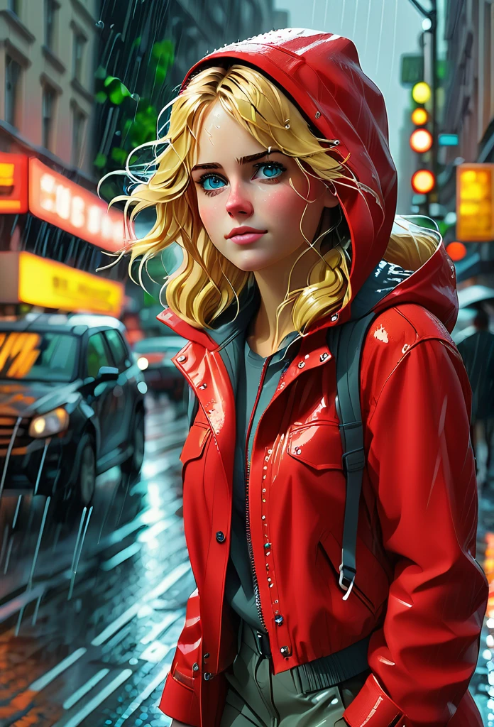 A picture of a modern brave and smart beautiful golden haired woman wears red jacket with hood walks in torrential rain confidently at the city sidewalk, bustling city with traffic jam when raining, with positive smirk, radiating her beauty in smart style, ultra sharp and crisp picture, a photo realistic illustration in Don Lawrence style, Studio Ghibli aesthetic, octane render