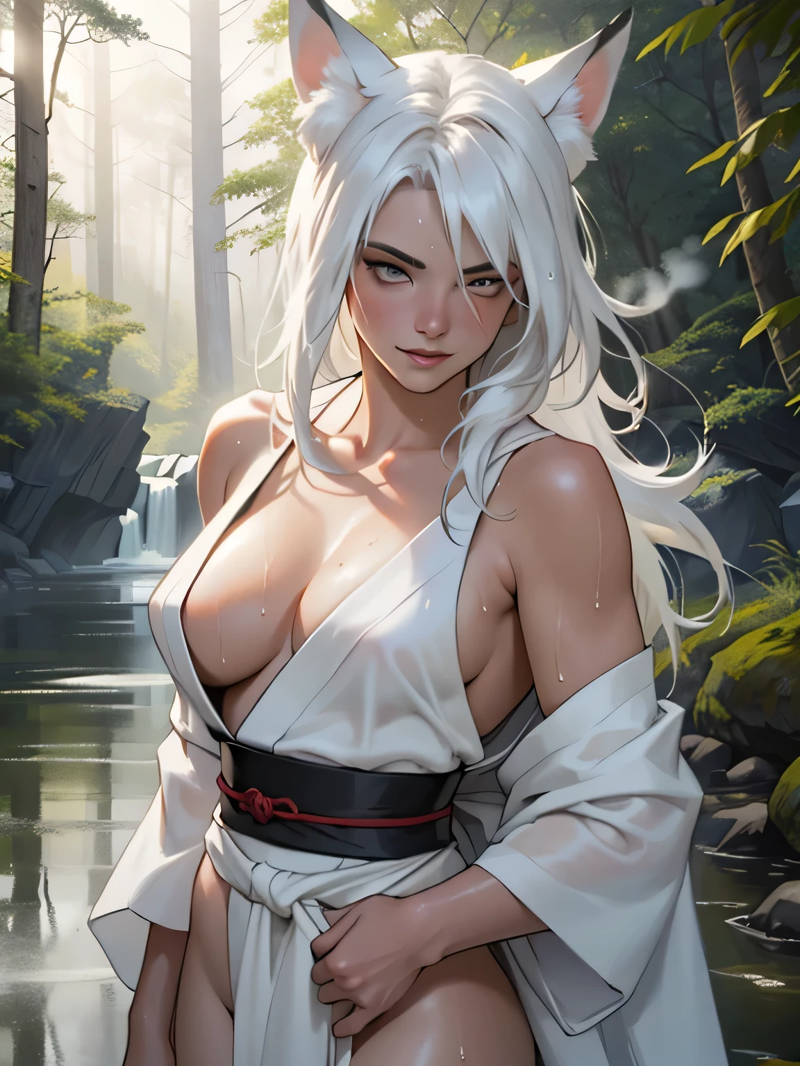 (masterpiece:1.3), (8k, Realistic, RAW Photos, highest quality: 1.4), ((One Japanese woman)), Beautiful Face, (Realistic Face), Beautiful hairstyle, ((Long, narrow eyes)), Realistic eyes, Beautiful fine details, (Realistic Skin), Beautiful Skin, Absurd, Charm, Ultra-high resolution, Ultra-realistic, Very detailed, Golden Ratio, (Best Shadow), Cinematic, (Complex:1.4), ((One Priestess)), smile, (vermilion eyeshadow), ((White Fox Ears, Long white hair, Wet Hair)), ((Fair skin)), (Pure white skin:1.1), (Sweat), Voluptuous body, ((Bathing in a deep river)), (Large Breasts:1.1), ((Cleavage:1.1)), Alluring, ((Winding)), ((White high leg loincloth)), barefoot, Old Japanese Shinto Shrine, ((Great Falls)), Early morning sanctuary, (morning haze:1.5), ((Deep in the forest:1.2)), (Mikamiki:1.2), (steam:1.5), cowboy shot
