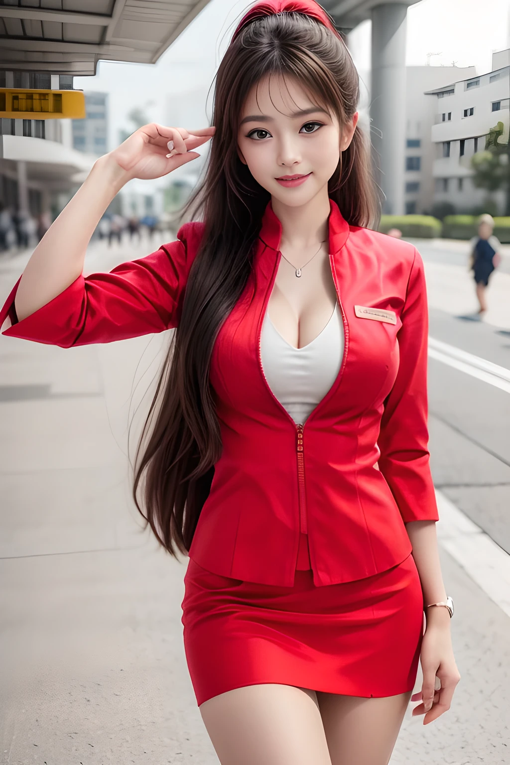 (masterpiece:1.2, highest quality:1.2), 32K HDR, High resolution, (alone、1 girl)、（At the airport entrance、Professional Lighting）、（Realistic style with AirAsia flight attendant uniforms）、（AirAsia uniform unzipped red jacket、AirAsia uniform long sleeve red jacket、AirAsia uniform red mini tight skirt、AirAsia uniform white shirt unbuttoned）、Big breasts showing cleavage、（AirAsia uniform shirt cleavage reveals big boobs）、Dark brown hair、ponytail、Red rubber band、（Long hair down to the waist、Tie your hair behind your head、Her tied-up long hair flutters in the wind）、A strong wind is blowing、Long Shot、（（Fine hand：2.0）），（（Harmonious body proportions：1.5）），（（Normal limbs：2.0）），（（Normal finger：2.0）），（（Delicate eyes：2.0）），（（Normal eyes：2.0））)、Luxury Necklace、Beautiful standing posture