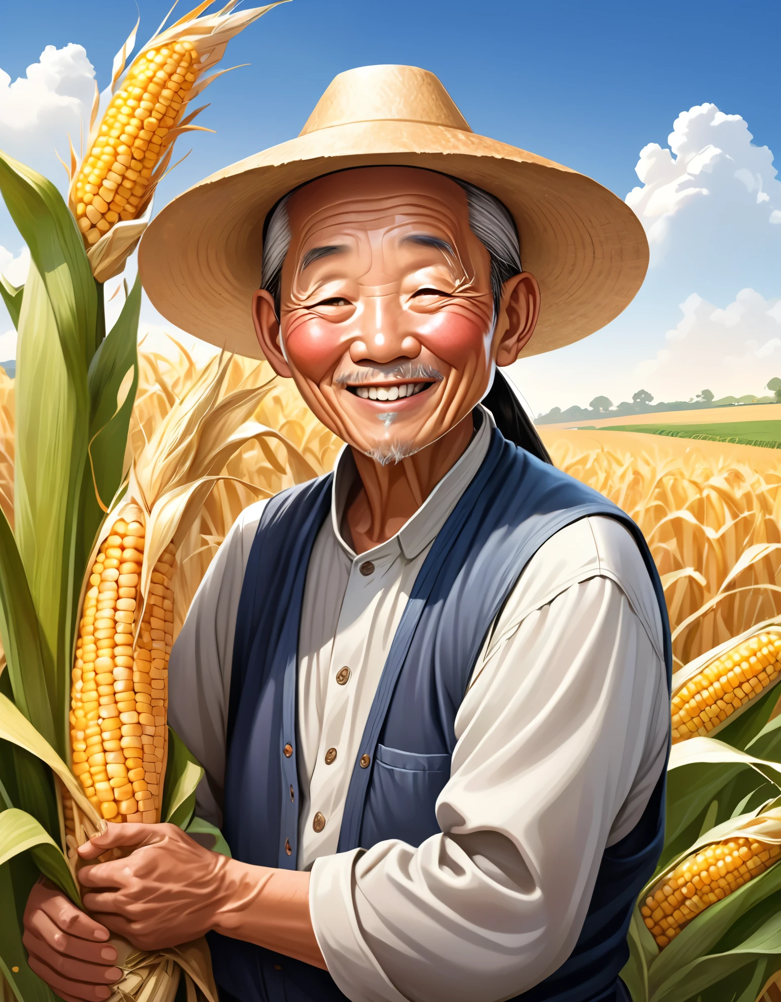 (8K,masterpiece:1.2),realistic,photorealistic:1.37,Chinese farmer grandfather,smiling,one man,straw hat,corn,countryside,abundant harvest,crops,farmland,traditional agriculture,hardworking,wrinkled face,sparkling eyes,comforting smile,wise-looking,kind-hearted,wisdom,generations of knowledge,weathered hands,strong arms,solemn expression,richly textured hat,detailed straw texture,graceful curves,natural lighting,peaceful and serene background,warm color palette,soft shadows,beautifully draping clothes,traditional outfit,content and satisfied expression,lush green fields,bountiful ears of corn,stalks reaching for the sky,carefully planted rows,harvest season,blue sky and white clouds,gentle breeze,joy and gratitude,harmony with nature,life's abundance.