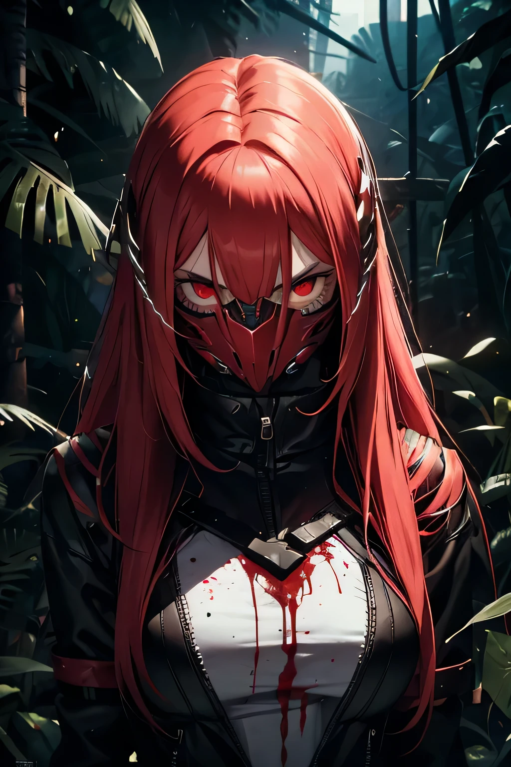 On the night in the jungle , the predator face mask, the predator mask, the predator cosplay, the predator le film, alien vs predator, the predator, sexy woman predator, predator, one girl with a predator combine , predator movie, no white lights Just a red light glowing, sexy predator , drops of blood, traces of blood, blood on lips, blood on the walls, horor, stressant, gore, chains hanging, chains stretched everywhere, tombeau, grotte intérieure without light, red light glowing, dark, sombre, lights effects, peur, effrayant, seductive, seductive animated girl, sexy,