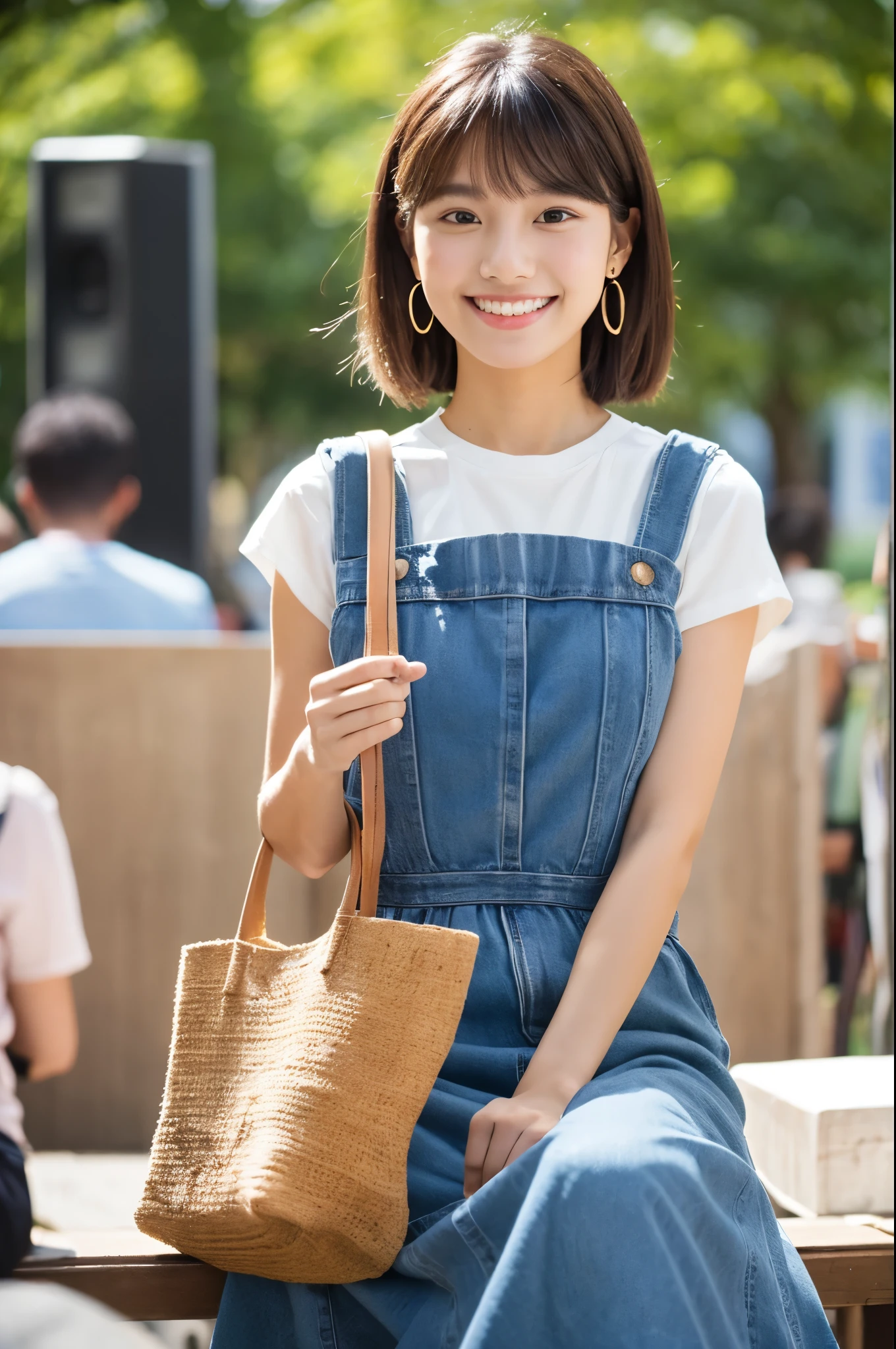 masterpiece , highest quality , Very detailed , 32k , Cute Woman , 1 girl , 19 years old,blouse , bangs , smile , White teeth , Symmetrical eyes,Brown Hair,Bobcut,sitting backwards,Bag in hand、University Campus、stage、BREAK Relaxed organic cotton maxi dress,Recycled polyester denim vest,Vegan Leather Ankle Boots,Eco-Friendly Raffia Tote Bag,Sustainable Wooden Earrings