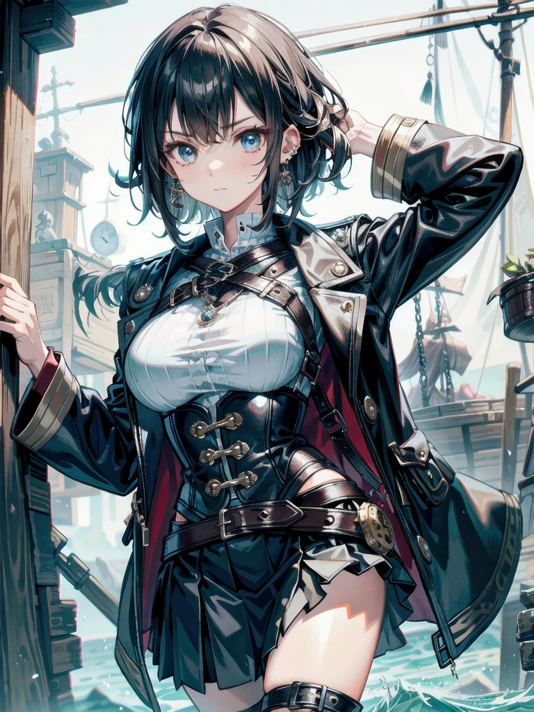 Practical pirate clothing, Long-sleeved pirate top, Skirt, boots, tearful mole, earring, Colossal tits, short medium hair, wavy hair,