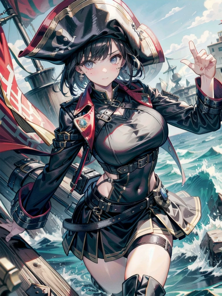 Practical pirate clothing, Long-sleeved pirate top, Skirt, boots, tearful mole, earring, Colossal tits, short medium hair, wavy hair,