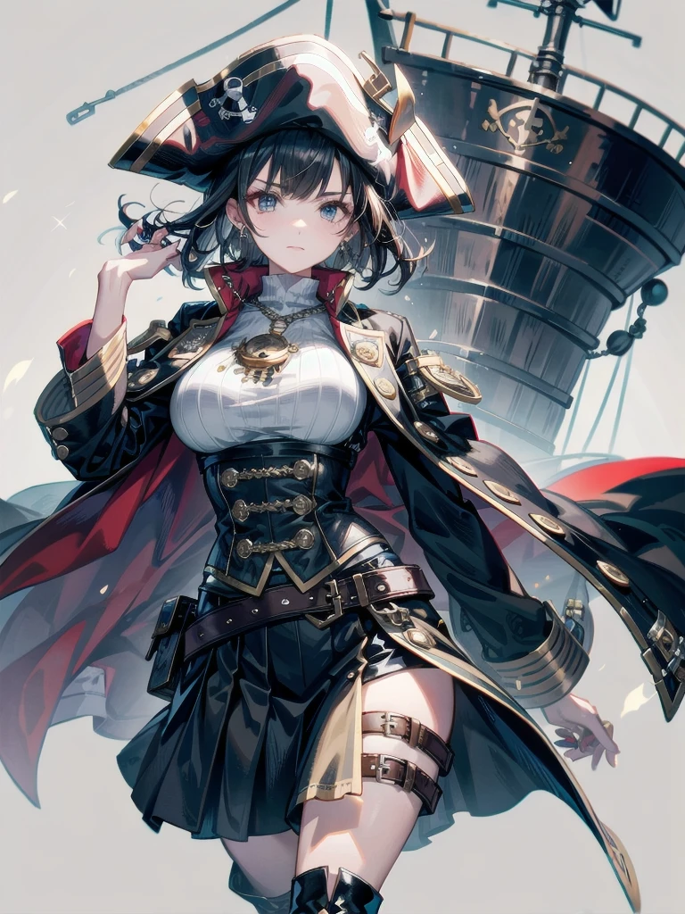 Practical pirate clothing, Long-sleeved pirate top, Skirt, boots, tearful mole, earring, Colossal tits, short medium hair, wavy hair,
