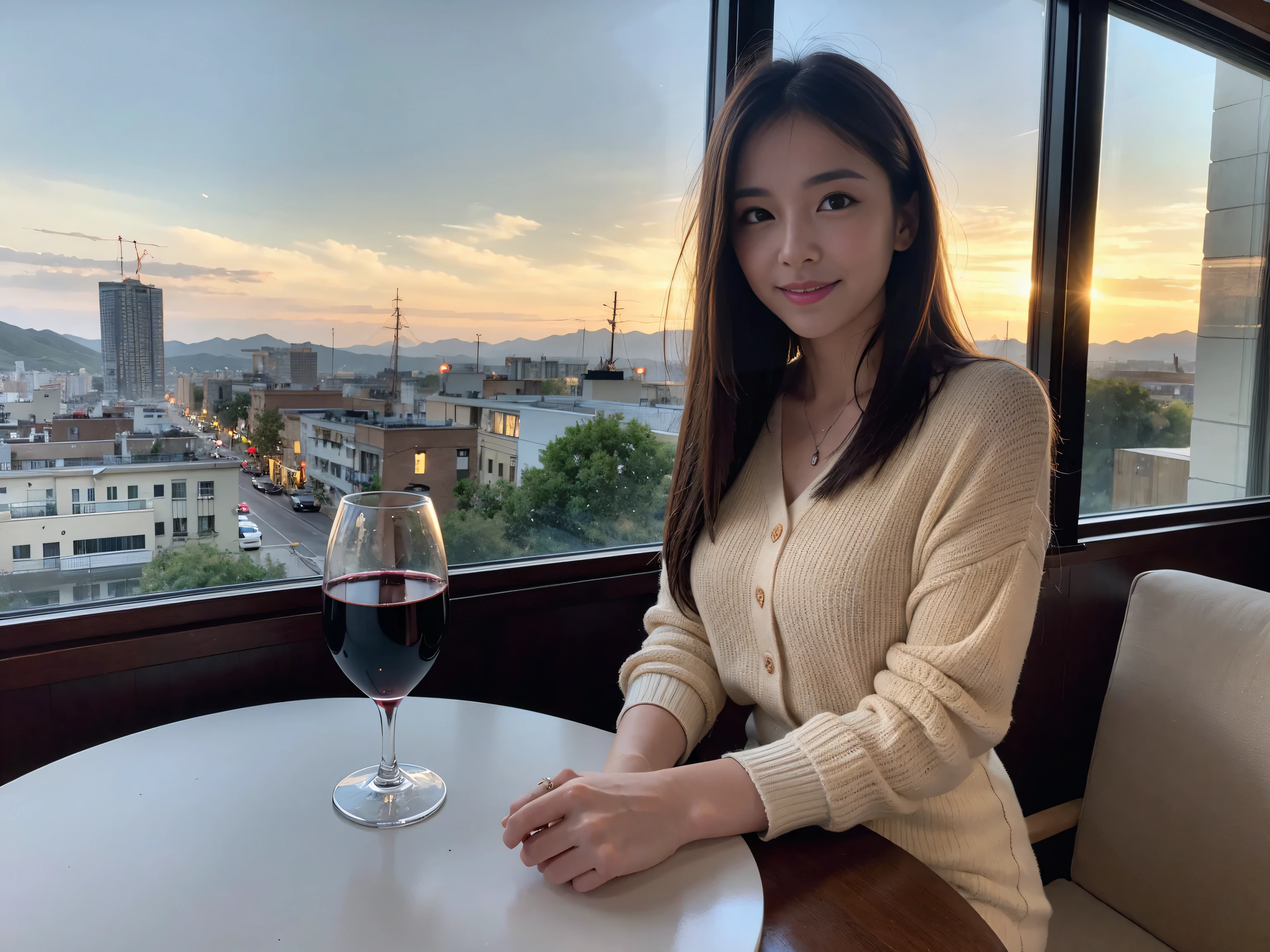 ((highest quality、8k、masterpiece:1.3))、Sharp focus:1.2、Beautiful woman perfect body:1.4、Slim body、((Bob Hale、Straight hair:1.2))、(to be born, highest quality, masterpiece:1.5), (Realistic, Intricate details:1.2), Wine glass on the table、Shine the light in your face、 Amazing view of the sunset sky and clouds、Amazing mountain views、A bright smile、A lovely woman with a smile、Bright image、The beauty of wine, Beautiful Face, blue eyes, The light shines on your face, Blushing, short hair,Bright Face、Fox face、 (43 years old), 39 years old, Lady、red wine 、Appetizers、Italian food、Wine bottle、Champagne、sparkling wine、Two beauties、Brown Hair、Shortcuts、Long sleeve shirt、dress、Pretty Woman 1, (Slim face), (The body is slim), (Brown Hair), (Shortcuts), cheeks turn a little red,Attractive beauty、, Out of the window, A beautiful and detailed night view unfolds.........., restaurant, In a prominent place (From the waist up) Nova Frog Style, actress, model, Upper Body, White wine, slim, wine glass, A wine glass placed in the middle, smile, (smile: 1.15), Beautiful fine grain, Depth f/2,saturation, High Contrast, Strong light and shadow,Moist Body:1.5、3D texture、Delicate eyes、Brown Hair、The hair is very shiny、