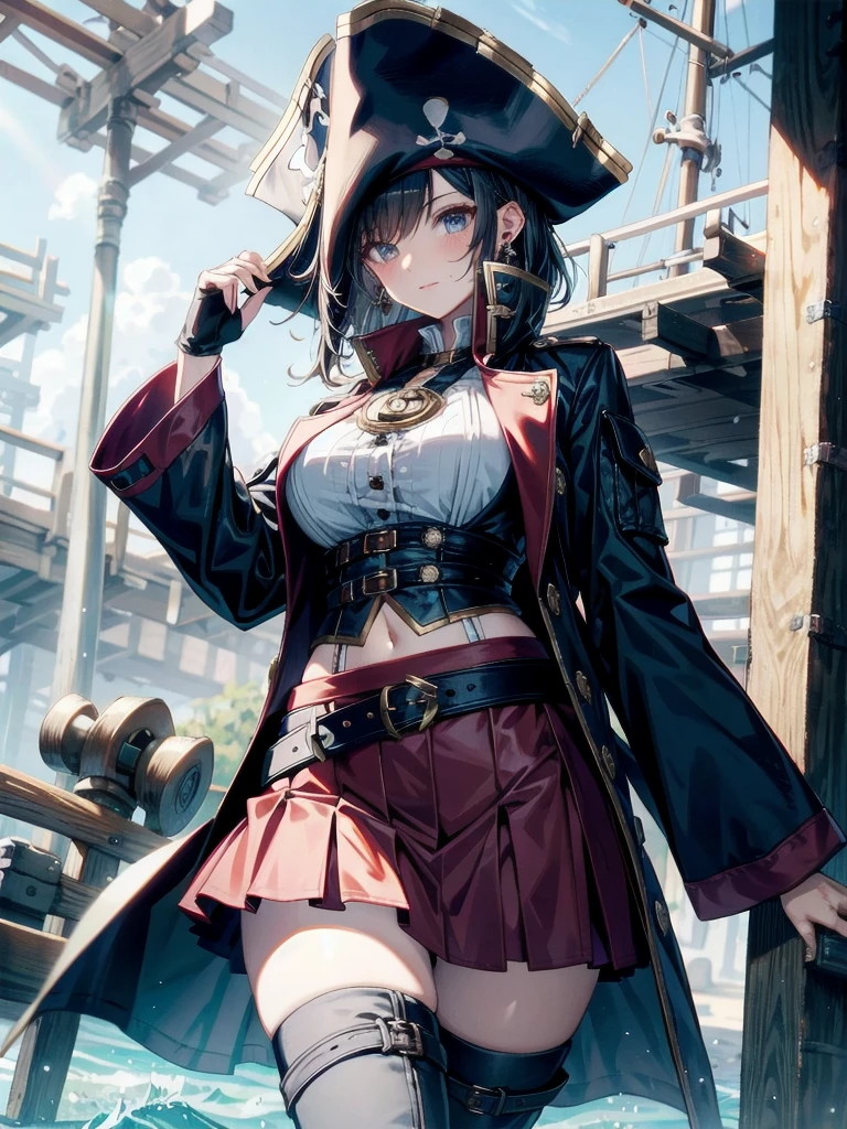 Practical pirate clothing, Long-sleeved pirate top, Skirt, boots, tearful mole, earring, Colossal tits, short medium hair, wavy hair,