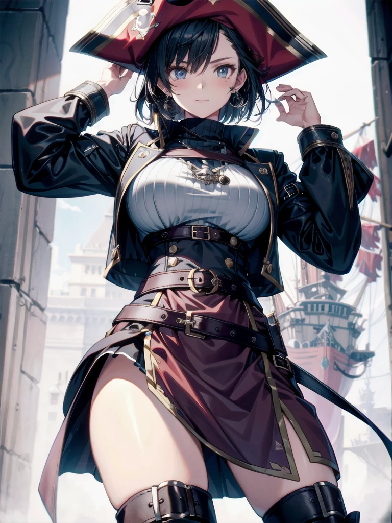 Practical pirate clothing, Long-sleeved pirate top, Skirt, boots, tearful mole, earring, Colossal tits, short medium hair, wavy hair,