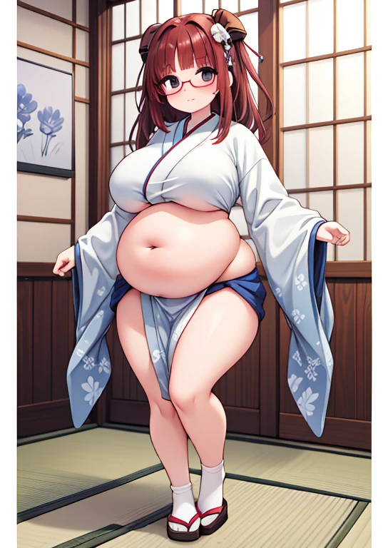 (masterpiece, best quality, highly detailed), 1girls, big belly, huge belly, art by kipteitei, round belly, chubby, curvy, belly grab, enormous belly, fat belly, thicc, bigger belly, really big belly, jiggly belly, glasses, japanese traditional clothes, tight breasts, ((full body))