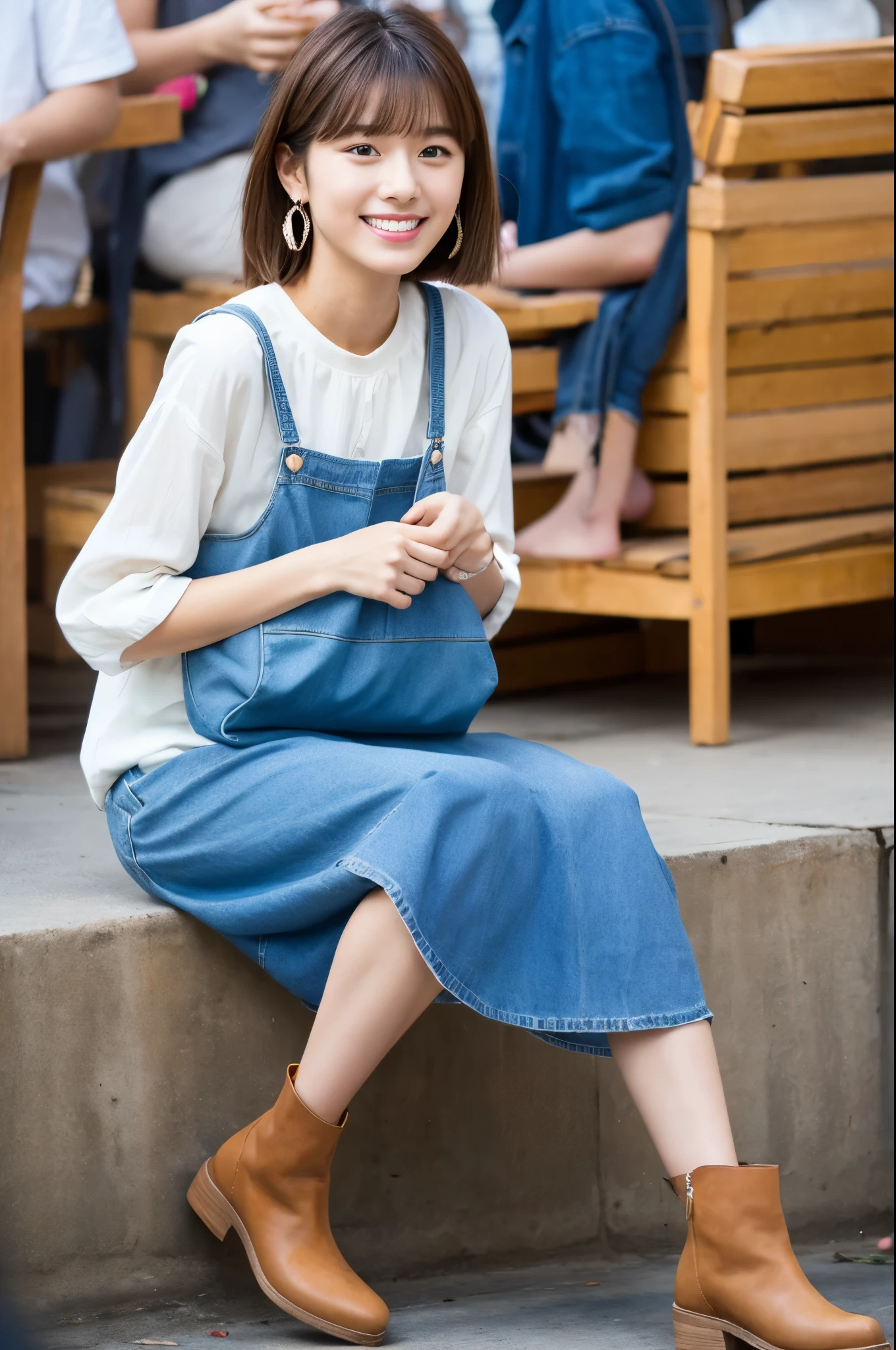 masterpiece , highest quality , Very detailed , 32k , Cute Woman , 1 girl , 19 years old,blouse , bangs , smile , White teeth , Symmetrical eyes,Brown Hair,Bobcut,sitting backwards,Bag in hand、University Campus、stage、BREAK Relaxed organic cotton maxi dress,Recycled polyester denim vest,Vegan Leather Ankle Boots,Eco-Friendly Raffia Tote Bag,Sustainable Wooden Earrings
