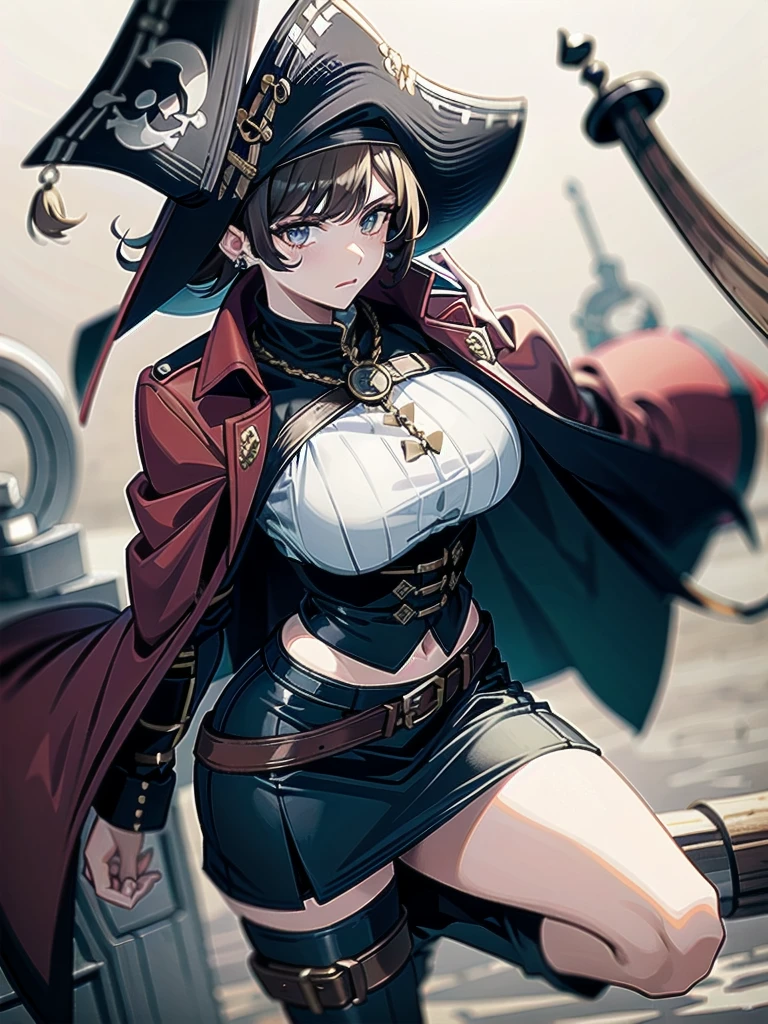 Practical pirate clothing, Long-sleeved pirate top, Skirt, boots, tearful mole, earring, Colossal tits, short medium hair, wavy hair,