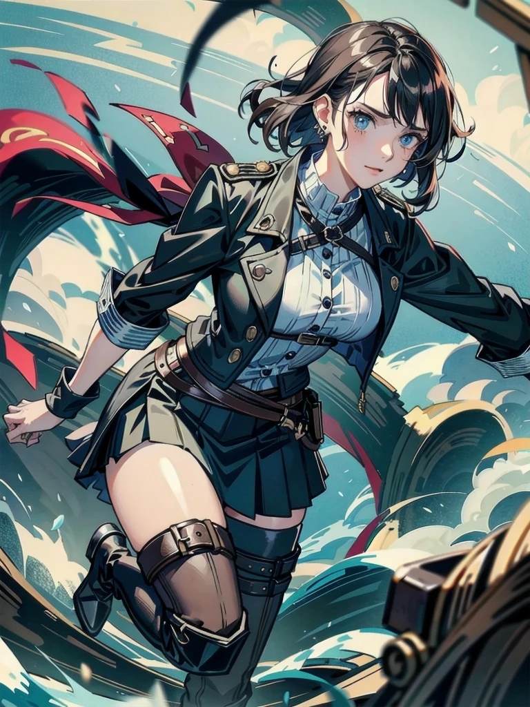 Practical pirate clothing, Long-sleeved pirate top, Skirt, boots, tearful mole, earring, Colossal tits, short medium hair, wavy hair,