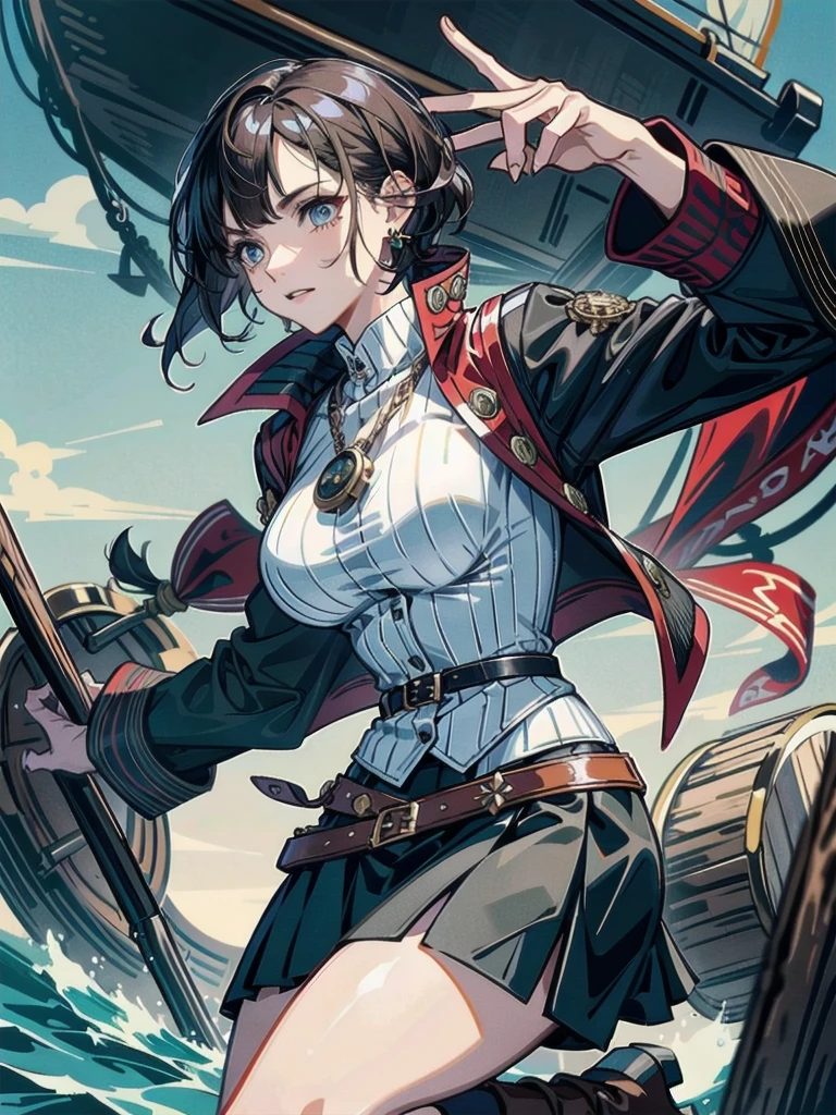 Practical pirate clothing, Long-sleeved pirate top, Skirt, boots, tearful mole, earring, Colossal tits, short medium hair, wavy hair,