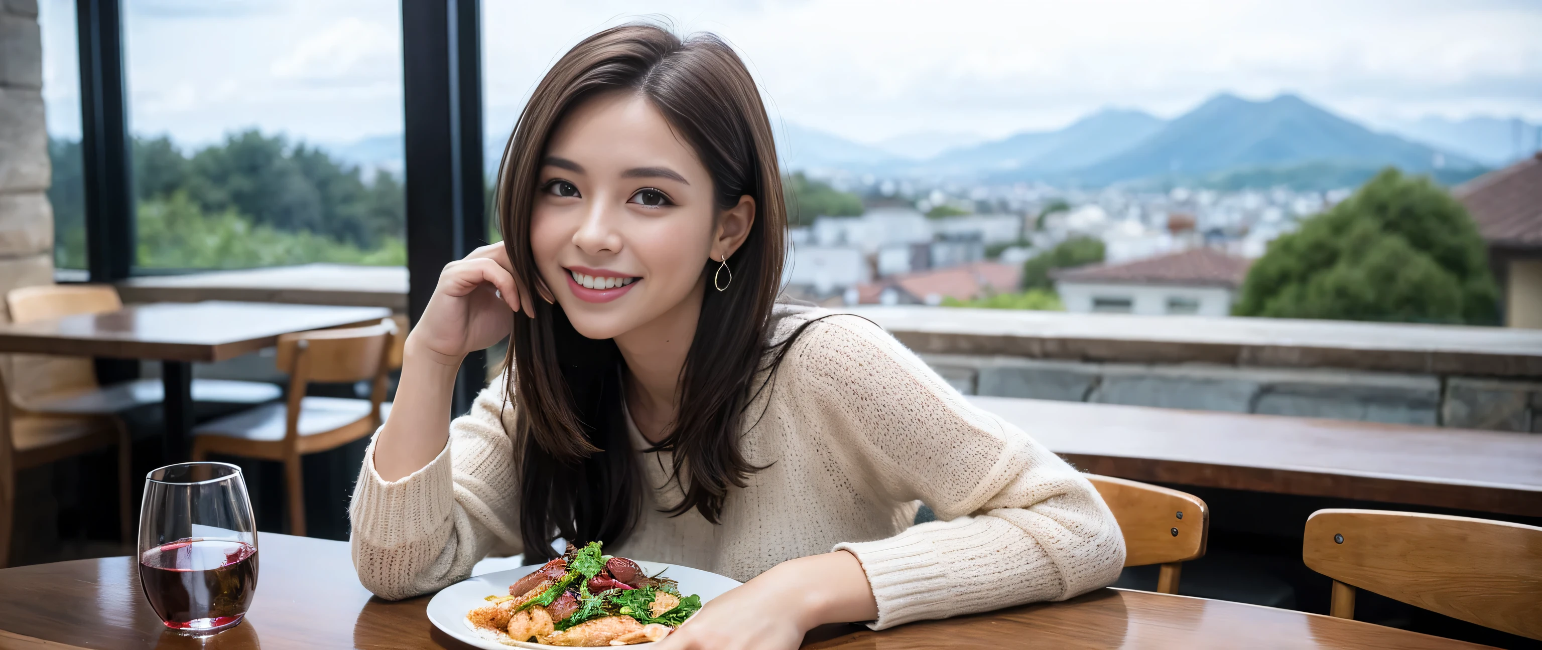 ((highest quality、8k、masterpiece:1.3))、Sharp focus:1.2、Beautiful woman perfect body:1.4、Slim body、((Bob Hale、Straight hair:1.2))、(to be born, highest quality, masterpiece:1.5), (Realistic, Intricate details:1.2), Wine glass on the table、Shine the light in your face、 Amazing view of the sunset sky and clouds、Amazing mountain views、A bright smile、A lovely woman with a smile、Bright image、The beauty of wine, Beautiful Face, blue eyes, The light shines on your face, Blushing, short hair,Bright Face、Fox face、 (43 years old), 39 years old, Lady、red wine 、Appetizers、Italian food、Wine bottle、Champagne、sparkling wine、Two beauties、Brown Hair、Shortcuts、Long sleeve shirt、dress、Pretty Woman 1, (Slim face), (The body is slim), (Brown Hair), (Shortcuts), cheeks turn a little red,Attractive beauty、, Out of the window, A beautiful and detailed night view unfolds.........., restaurant, In a prominent place (From the waist up) Nova Frog Style, actress, model, Upper Body, White wine, slim, wine glass, A wine glass placed in the middle, smile, (smile: 1.15), Beautiful fine grain, Depth f/2,saturation, High Contrast, Strong light and shadow,Moist Body:1.5、3D texture、Delicate eyes、Brown Hair、The hair is very shiny、