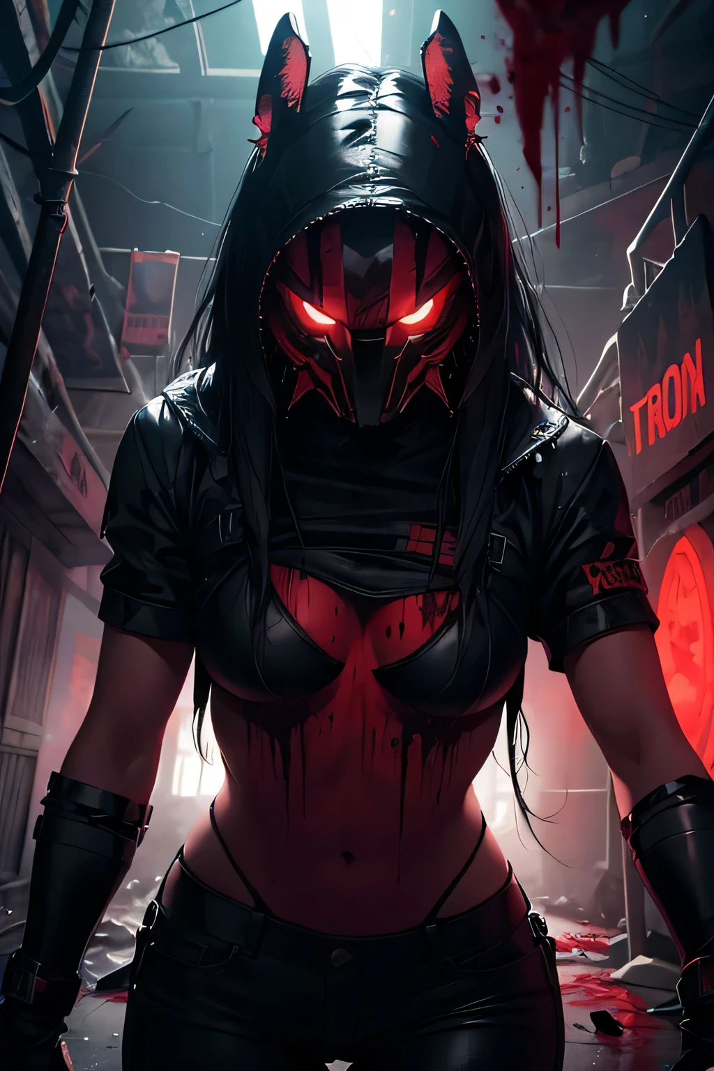 On the night in the jungle , ( predator the movie) face mask, predator mask, predator cosplay, the predator le film, alien vs predator, predator, sexy woman predator, predator, one girl with a predator combine , predator movie, no white lights Just a red light glowing, sexy predator , drops of blood, traces of blood, blood on lips, blood on the walls, horor, stressant, gore, chains hanging, chains stretched everywhere, tombeau, grotte intérieure without light, red light glowing, dark, sombre, lights effects, peur, effrayant, seductive, seductive animated girl, sexy,