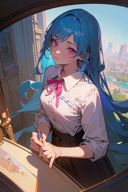 (detailed beautiful eyes and detailed face, masterpiece side light, masterpiece, highest quality, detailed, High resolution illustrations), (1 girl, beautiful girl, Shiny skin, Look Down, View your audience), ( Long sky blue hair, Pink Eyes, skirt, ribbon, Button-down shirt) 45 degrees, Top View,  landscape, (手のdetailed)
