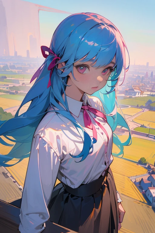 (detailed beautiful eyes and detailed face, masterpiece side light, masterpiece, highest quality, detailed, High resolution illustrations), (1 girl, beautiful girl, Shiny skin, Look Down, View your audience), ( Long sky blue hair, Pink Eyes, skirt, ribbon, Button-down shirt) 45 degrees, Top View,  landscape, (手のdetailed)