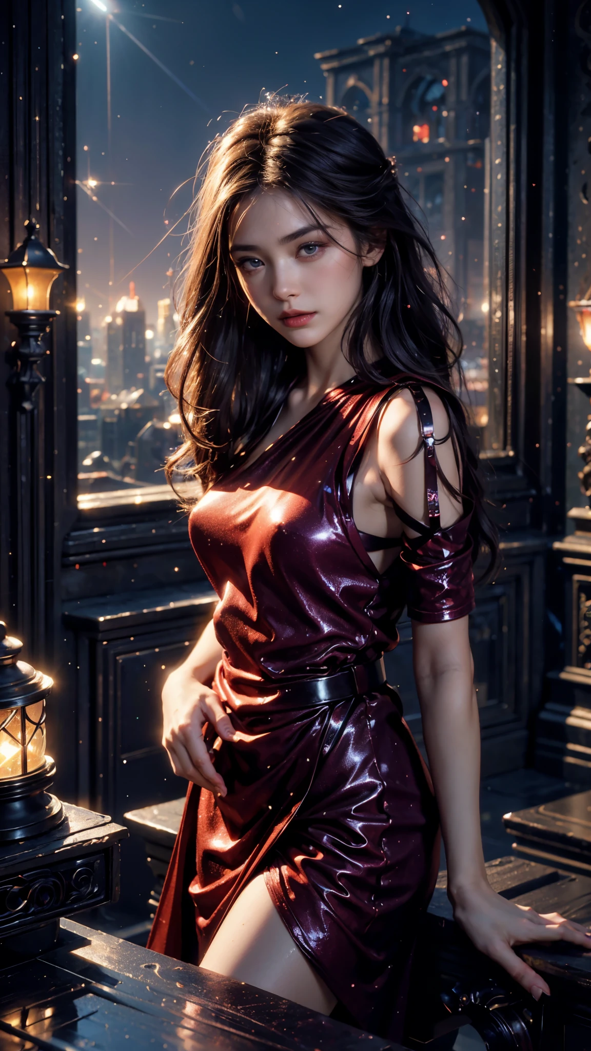 4k, UHD, masterpiece, 1 girl, good face, ((detailed eyes)), very long hair, impressive hairstyle, perfect brasts, fantasy clothing, red clothing, (straps:1.5), (bare waist:0.8), night city, building, lamps, depth of field, reflection light, ((sparkle)), chromatic aberration,