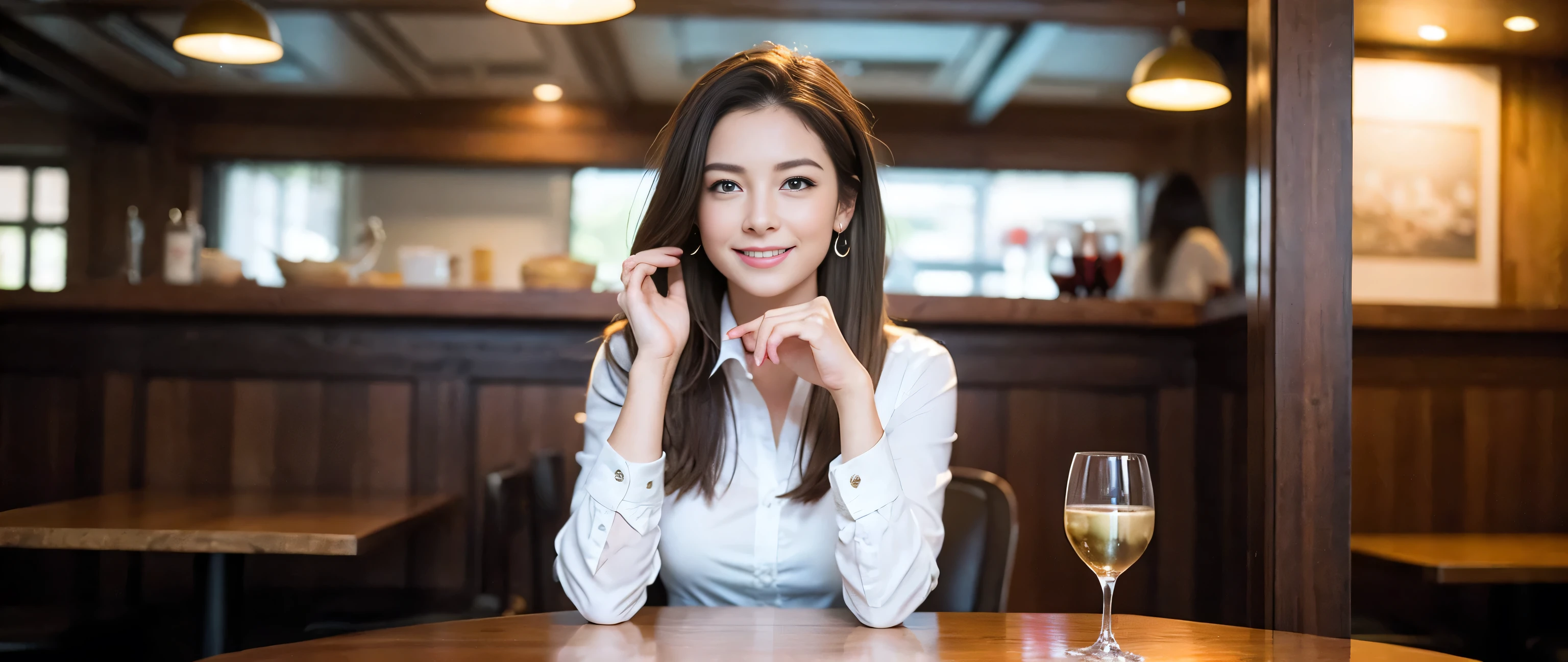 ((highest quality、8k、masterpiece:1.3))、Sharp focus:1.2、Beautiful woman perfect body:1.4、Slim body、((Bob Hale、Straight hair:1.2))、(to be born, highest quality, masterpiece:1.5), (Realistic, Intricate details:1.2), Wine glass on the table、Shine the light in your face、 Amazing view of the sunset sky and clouds、Amazing mountain views、A bright smile、A lovely woman with a smile、Bright image、The beauty of wine, Beautiful Face, blue eyes, The light shines on your face, Blushing, short hair,Bright Face、Fox face、 (43 years old), 39 years old, Lady、red wine 、Appetizers、Italian food、Wine bottle、Champagne、sparkling wine、Two beauties、Brown Hair、Shortcuts、Long sleeve shirt、dress、Pretty Woman 1, (Slim face), (The body is slim), (Brown Hair), (Shortcuts), cheeks turn a little red,Attractive beauty、, Out of the window, A beautiful and detailed night view unfolds.........., restaurant, In a prominent place (From the waist up) Nova Frog Style, actress, model, Upper Body, White wine, slim, wine glass, A wine glass placed in the middle, smile, (smile: 1.15), Beautiful fine grain, Depth f/2,saturation, High Contrast, Strong light and shadow,Moist Body:1.5、3D texture、Delicate eyes、Brown Hair、The hair is very shiny、