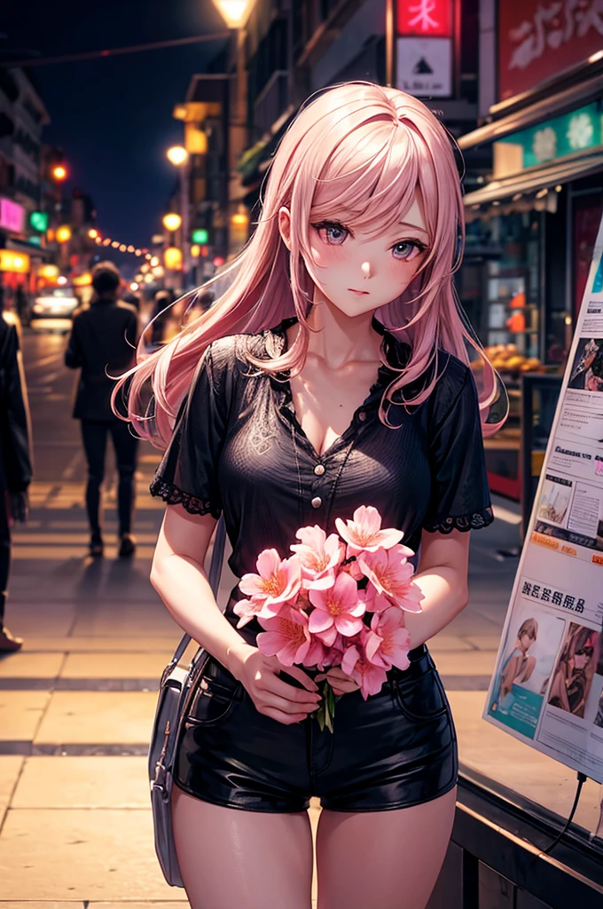 Beautiful woman, Street lights at night, Playing with smartphone, Hot Pants, Fragrant pink flowers, Passersby, night scene gradient, Fine details, Subtle tones, There is a sense of tranquility in the picture.