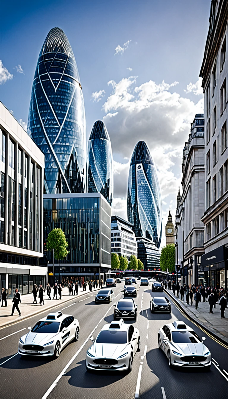 Self-Driving Vehicle Network:

Prompt: A fleet of autonomous vehicles navigates the streets of London, seamlessly coordinating their movements to eliminate traffic jams and accidents. Each image should showcase a specific aspect of the UK's futuristic infrastructure, highlighting its technological advances and social benefits.

The image should be visually striking and futuristic, using modern design elements and incorporating a sense of scale and grandeur.

The overall aesthetic should be one of awe and inspiration, conveying the transformative power of technology and the potential for a brighter future