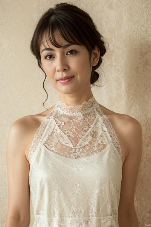 highest quality, masterpiece, High resolution, Photorealistic, RAW Photos, 8k wallpaper, perfection, Professional Lighting, Very detailed, Written boundary depth, ((One beautiful woman)), 40 years old, Sexy Woman, ((Halter neck camisole dress with lace detailing)), Upper Body, ((look into the viewer'eye)), Detailed face, 美しいeye, ((Look forward)), at the park, sunny, bangs, Shapely breasts, Cleavage, Light brown straight hair, Faint lips, Cowboy Shot, ((Place your arms between your legs))