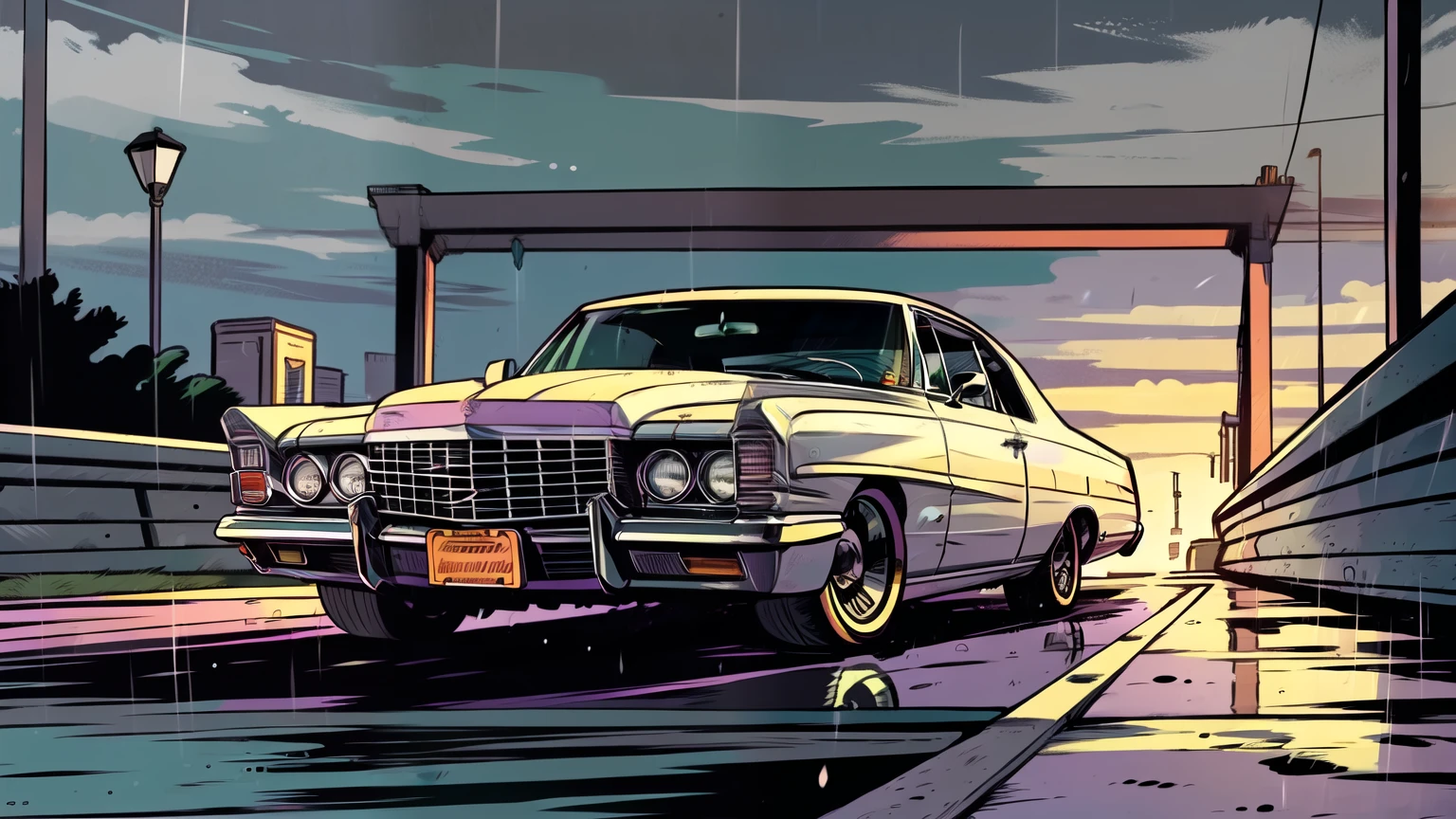 Dark beige1966 cadillac deville, slammed to yhe ground, pop art,  cartoonish style , sketch, detailed illustration, large wheels, wide bodykit ((([Dark grey background]))), under a bridge, green colour, night time, rainy weather