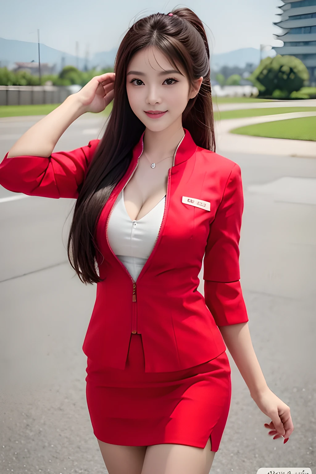 (masterpiece:1.2, highest quality:1.2), 32K HDR, High resolution, (alone、1 girl)、(At the airport entrance、Professional Lighting)、(Realistic style with AirAsia flight attendant uniforms)、(AirAsia uniform unzipped red jacket、AirAsia uniform long sleeve red jacket、AirAsia uniform red mini tight skirt、AirAsia uniform white shirt unbuttoned)、Big breasts showing cleavage、(AirAsia uniform shirt cleavage reveals big boobs)、Dark brown hair、ponytail、Red rubber band、(Long hair down to the waist、Tie your hair behind your head、Her tied-up long hair flutters in the wind)、A strong wind is blowing、Long Shot、((Fine hand:2.0)),((Harmonious body proportions:1.5)),((Normal limbs:2.0)),((Normal finger:2.0)),((Delicate eyes:2.0)),((Normal eyes:2.0)))、Luxury Necklace、Beautiful standing posture
