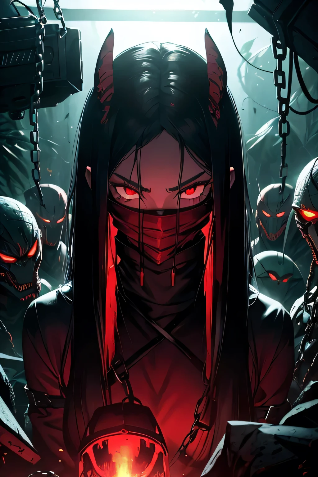 On the night in the jungle , ( predator the movie) face mask, predator mask, predator cosplay, the predator le film, alien vs predator, predator, sexy woman predator, predator, one girl with a predator combine , predator movie, no white lights Just a red light glowing, sexy predator , drops of blood, traces of blood, blood on lips, blood on the walls, horor, stressant, gore, chains hanging, chains stretched everywhere, tombeau, grotte intérieure without light, red light glowing, dark, sombre, lights effects, peur, effrayant, seductive, seductive animated girl, sexy,