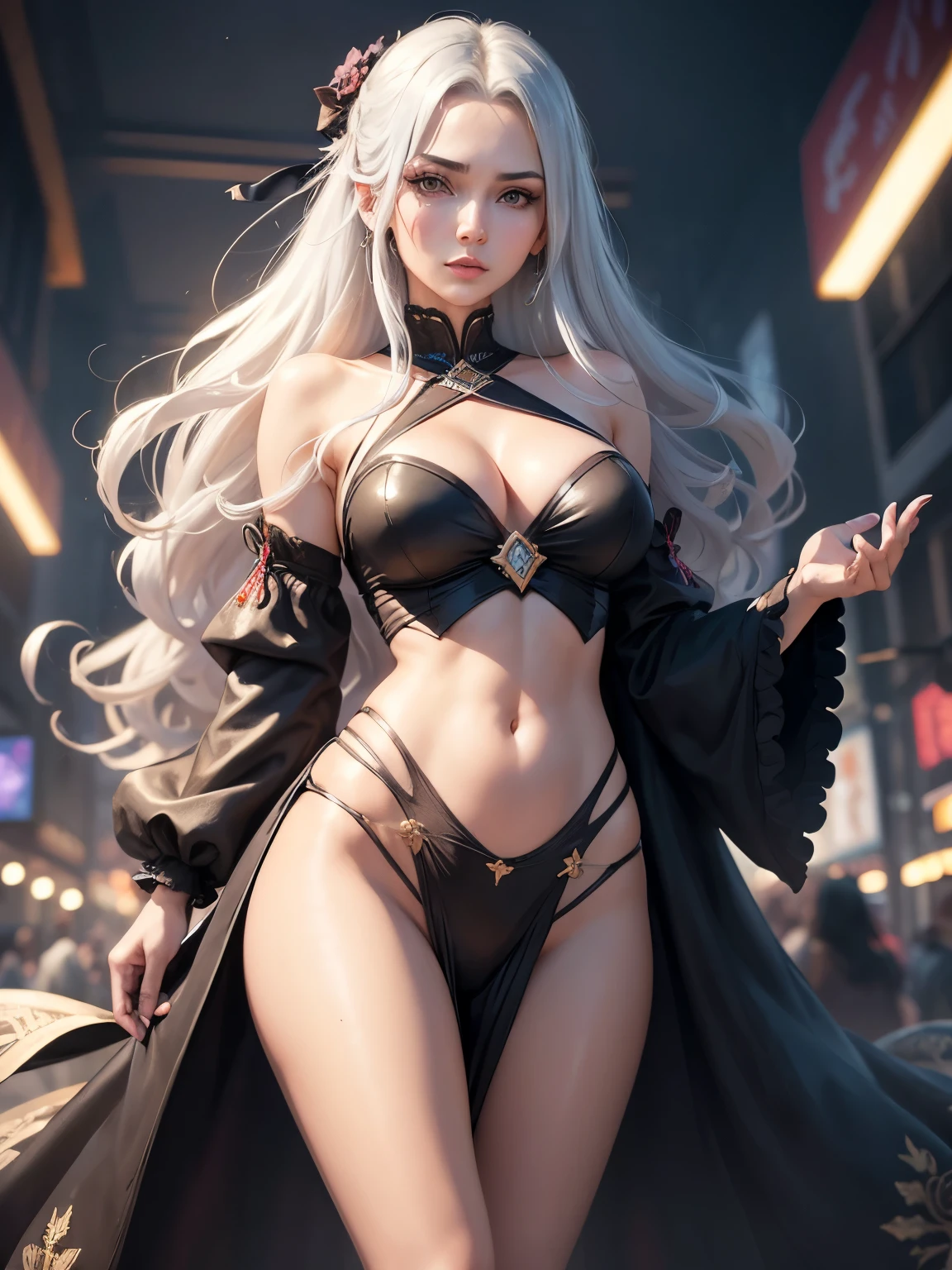 (Dramatic digital art:1.3) of,(Lively:1.3) portrait of female (Snezana Sakovich 2:1.1) シースルーof着物を着る, ベッドof上で寝る,Style - Silver Magic, Stylish girl,society,Art Station,The happi coat is open,Long, slender legs,tabi,