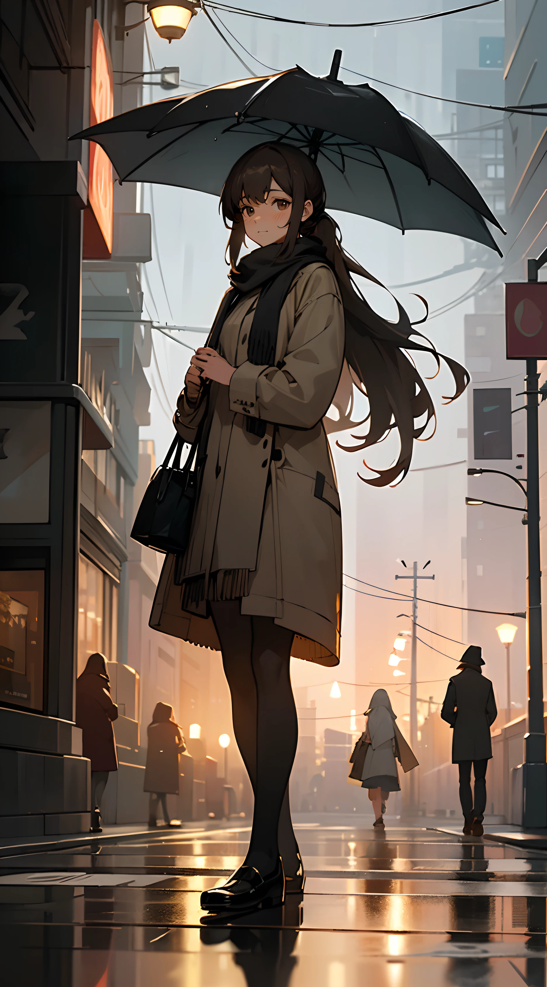 A beautiful mature woman , dark brown hair , extremely long hair , hair in a ponytail , brown eyes , age 36,
She wears a loose, knit sweater in a soft shade of heather gray , relaxed-fit, dark-wash jeans, scarf in earthy tones,
(masterpiece, best quality:1.3),beautiful detailed glow,best illuminate,(((best quality,textile shading,ultra detailed))),extremely detailed CG unity 8k wallpaper,Highly Detailed beautiful and aesthetic,best light,high resolution,detailed,dynamic lighting , 1Character , pastel washed out colors , cell shade , soft, muted shades ,gentle colors ,
, rain cascades through the cityscape, creating a shimmering curtain of vertical lines. Neon lights from the buildings and street lamps cast colorful glows into the night. Umbrellas of various shapes and colors dot the frame, held by anonymous figures beneath.
The streets are glossy with rain, reflecting the surrounding cityscape like a polished mirror. Pedestrians walk briskly, partially shielded by their umbrellas, while others are captured mid-stride. A couple of figures wait at a crosswalk, and the soft glow of a nearby café's sign adds a warm touch to the scene.
The streets are populated by a variety of vehicles. Car headlights and taillights leave streaks of light as they move through the intersection. A solitary bicycle is propped against a lamppost, hinting at the possibility of a cyclist seeking shelter from the rain.
Steam rises from a coffee cup on a cafe table, and the window's interior shows a cozy, inviting setting.