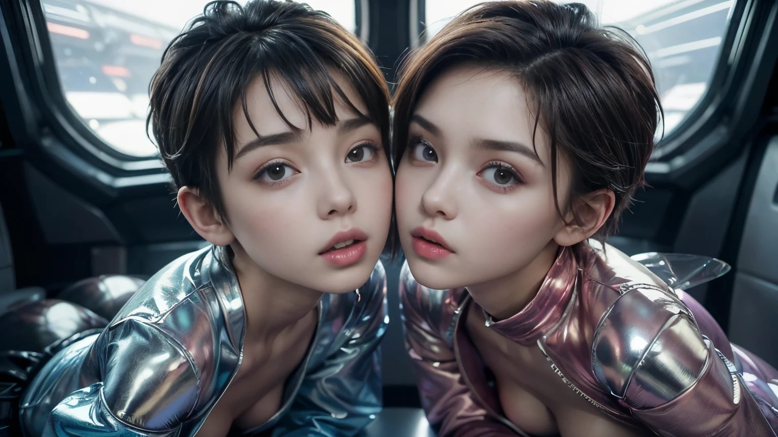 Masterpiece, Best Quality, full body view, ((two kissing girlfriends in colored wide open shiny puffer jacket, small breasts, extremely detailed face, beautiful detailed closed eyes, beautiful detailed lips, asymmetrical pixie hair, small hips, innocent expression, enticing, in a spaceship))