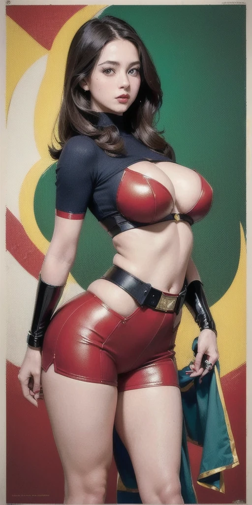 (masterpiece:1.0), (best_quality:1.2), (Best Quality), (ultra-detailliert), (8K, 4K, Convoluted), American World War II poster, Gil Elvgren style ((USA Poster, American Poster)) (((A young woman with straight dark hair long size up to her waist in superhero pose))) ((detailed outfit entirely red with gold)) (cars in the background of the image) (((robotic left arm)) (((cyberpunk arm))propaganda Poster, hero uniform, 1 girl, solo, good body, poster design, poster art style. 1980s, 1950s, 1960s, 1940s, basic color scheme, very colorful poster, colorful art, third rule, inspiring, woman, 1 25-year-old girl, hair blowing in the wind, looking at the viewer, blurred background, thick legs, green eyes, (wide hips:1.2), (chubby:1.2), (huge breasts:1.2),