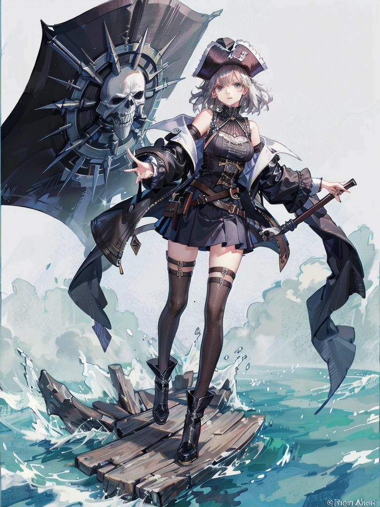 Practical pirate clothing, Long-sleeved pirate top, Skirt, boots, tearful mole, earring, Colossal tits, short medium hair, wavy hair,