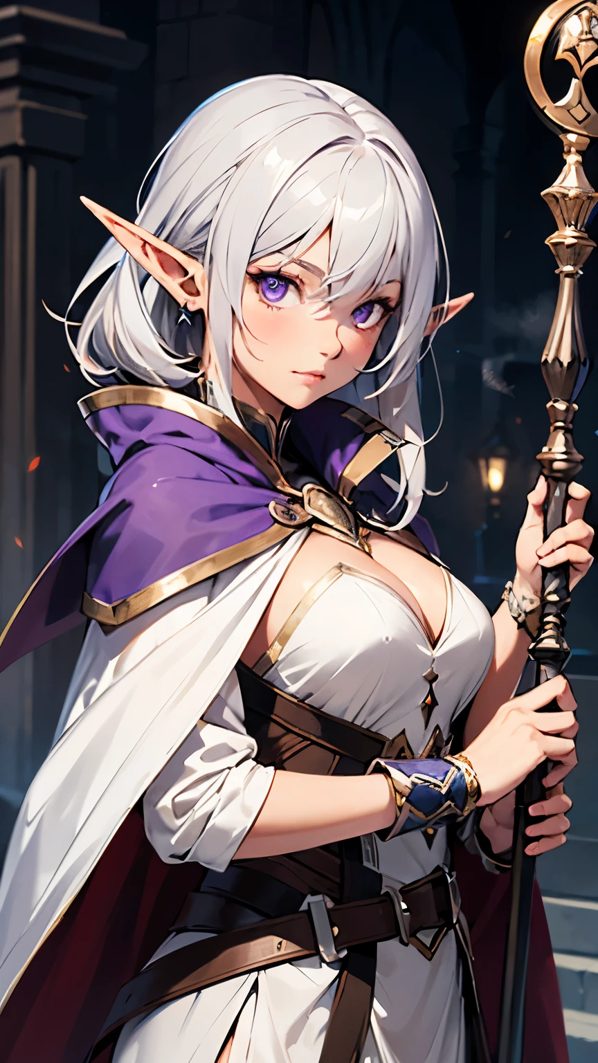 Half-elf girl，Silver Hair，Purple eyes，Mage，Holding a staff，White Cape，high resolution，Perfect face，whole body，detailed，best quality，masterpiece