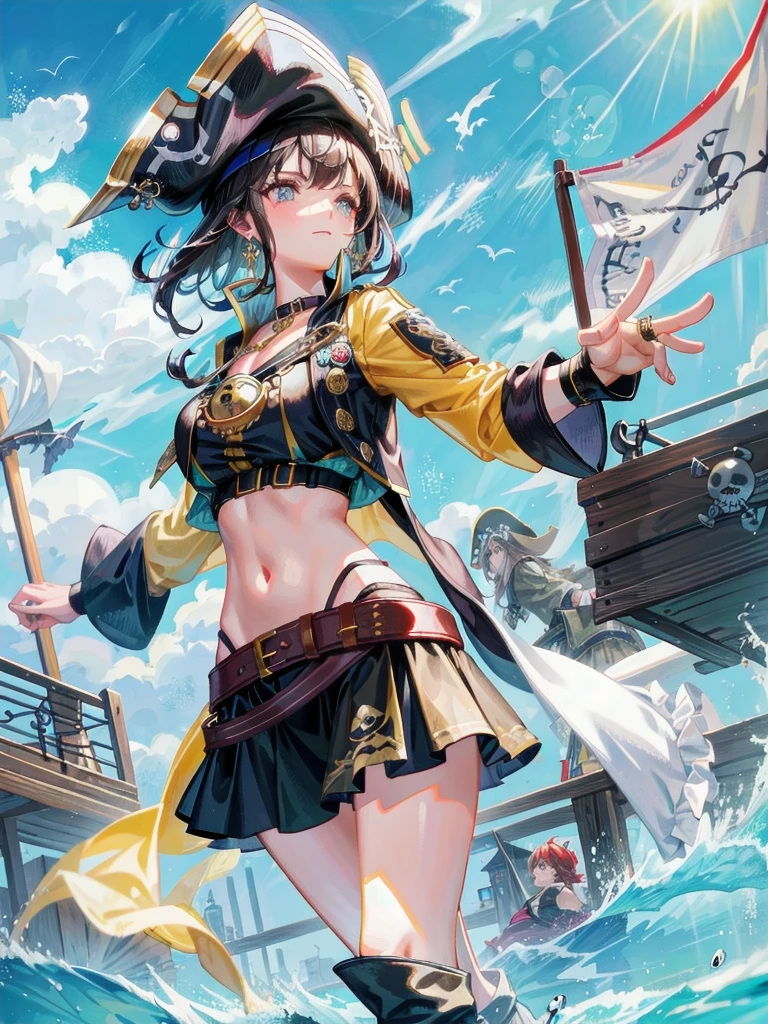 Practical pirate clothing, Long-sleeved pirate top, Skirt, boots, tearful mole, earring, Colossal tits, short medium hair, wavy hair,