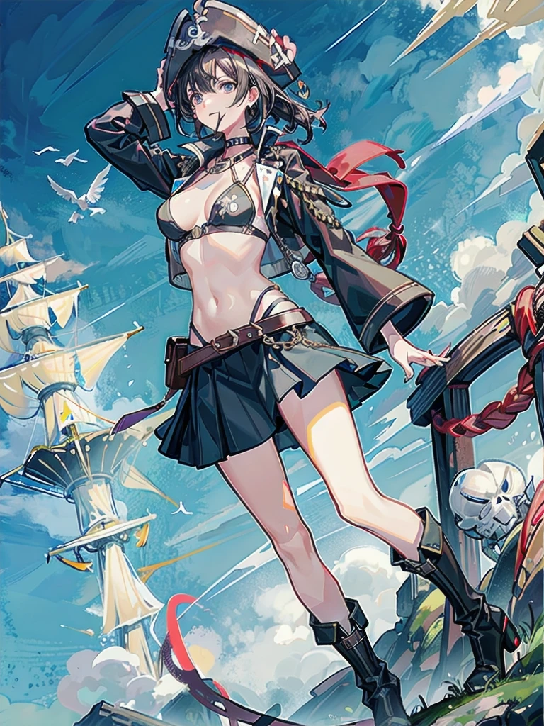 Practical pirate clothing, Long-sleeved pirate top, Skirt, boots, tearful mole, earring, Colossal tits, short medium hair, wavy hair,