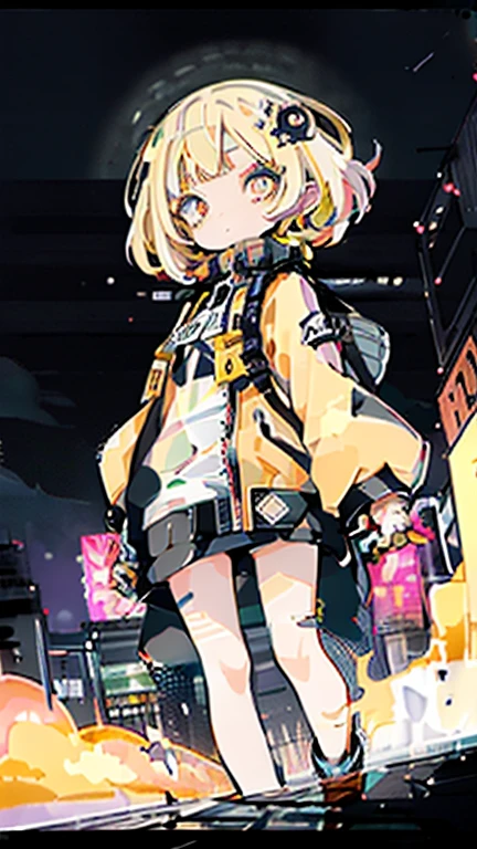 (1female\(cute,kawaii,small kid,short hair,hair color light blonde,hair clip,cosmic eye color,big eyes,pale skin,extremy white skin,glossy body,futuristic costume,full body\)),background\(at noisy city,neon lights,outside,night\), BREAK ,quality\(8k,wallpaper of extremely detailed CG unit, ​masterpiece,hight resolution,top-quality,top-quality real texture skin,hyper realisitic,increase the resolution,RAW photos,best qualtiy,highly detailed,the wallpaper,cinematic lighting,ray trace,golden ratio\),dynamic angle,from below