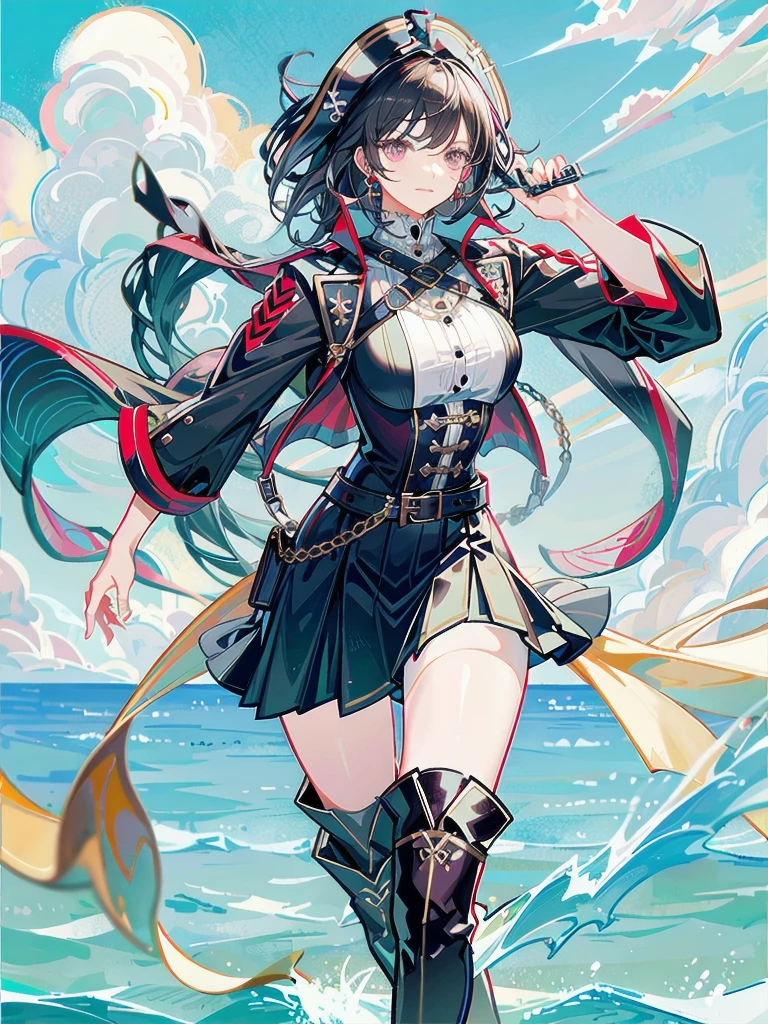 Practical pirate clothing, Long-sleeved pirate top, Skirt, boots, tearful mole, earring, Colossal tits, short medium hair, wavy hair,