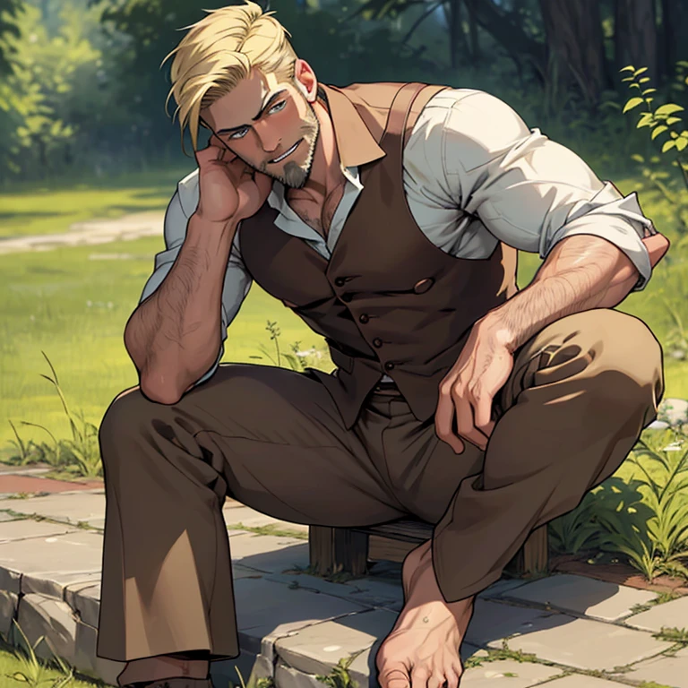 Erwin Smith, with his bare feet touching the cool earth, let out a contented tick as he sat comfortably on the grass. Suddenly, a sudden burp escaped his lips, followed by a loud belch. Despite the unrefined display, there was a warm and welcoming charm about him. His clothes were simple and worn out, adding to his rustic appeal. With his stubble-covered jaw, thick eyebrows, and matured male features, Erwin exuded a masculine presence. His beard was meticulously designed, with each strand precisely shaped and groomed. His eyes, ultra-detailed and hyperdetailed, sparkled with life and mischief. The sun cast shadows on his back