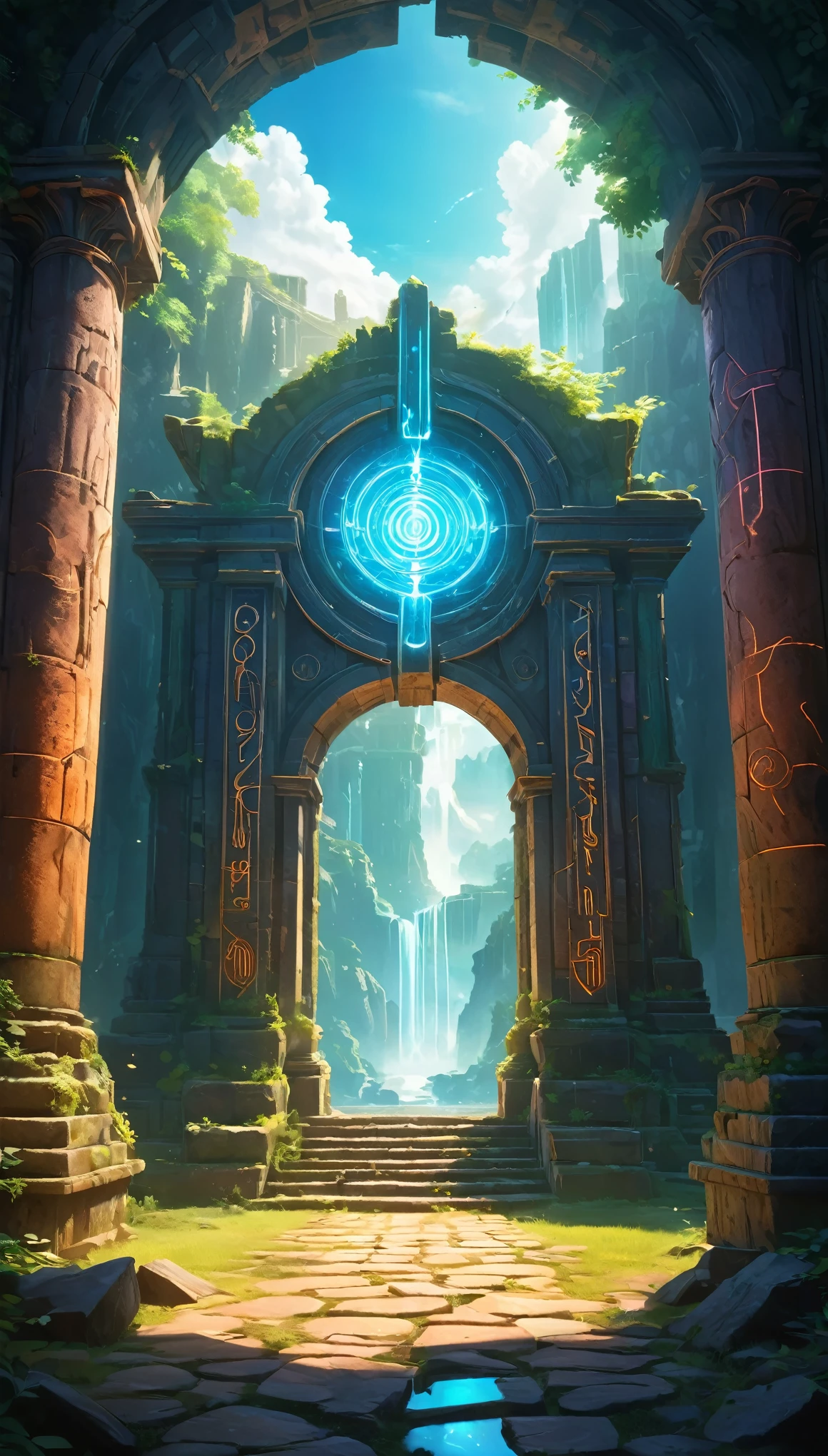 (anime, fantasy, portal),(best quality, highres, HDR:1.2),vibrant colors, majestic atmosphere, magical portal, theater of dimension, ancient ruin, glowing runes, ethereal light, fantastical landscapes