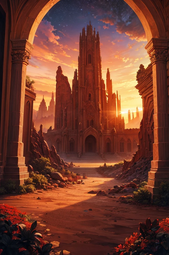 landscape, A scorched earth, Red clay, Dimensional Gate, Demonic Energy, Web portals (Purpose), Giant arch with statues, particle, desert, night, Star, Volumetric Lighting, best quality, masterpiece, Hand drawn textures, Intricate details, Practical, writing 