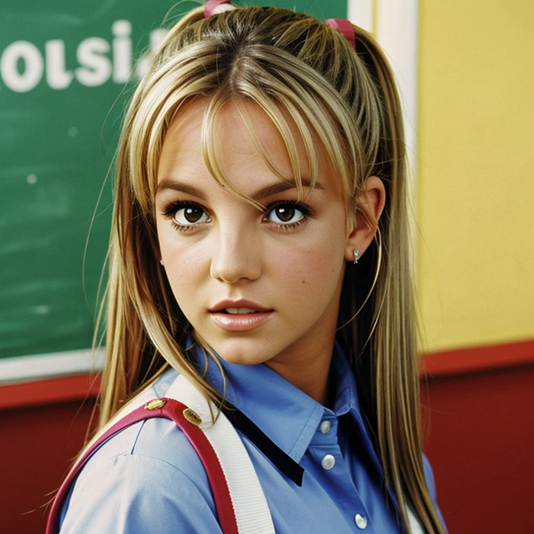 Britney Spears in the 90s, foto tomada desde el aula de una escuela, photography inspired by the 90s, school_uniform, sexy