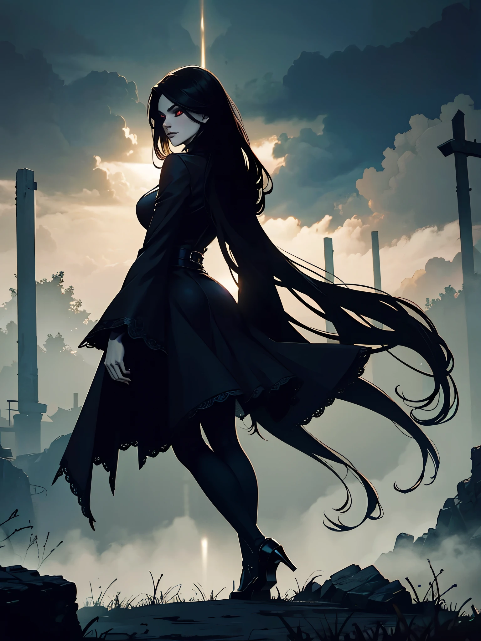 (best quality,4k,8k,highres,masterpiece:1.2),ultra-detailed,(realistic,photorealistic,photo-realistic:1.37),goth korean girl, gothic,1woman,dark town,red eyes,dark ambient,low saturation,anime style,pale skin,long flowing hair,gothic clothing,silhouette,surreal background,mysterious atmosphere,intense emotions,melancholic expression,lens flare,dramatic shadows,symbolic elements,heavy makeup,pale and dark colors,misty fog,ethereal beauty,subtle texture, dark makeup, back shot , full body, wicked smile, seductive witch, the "S" curve model pose