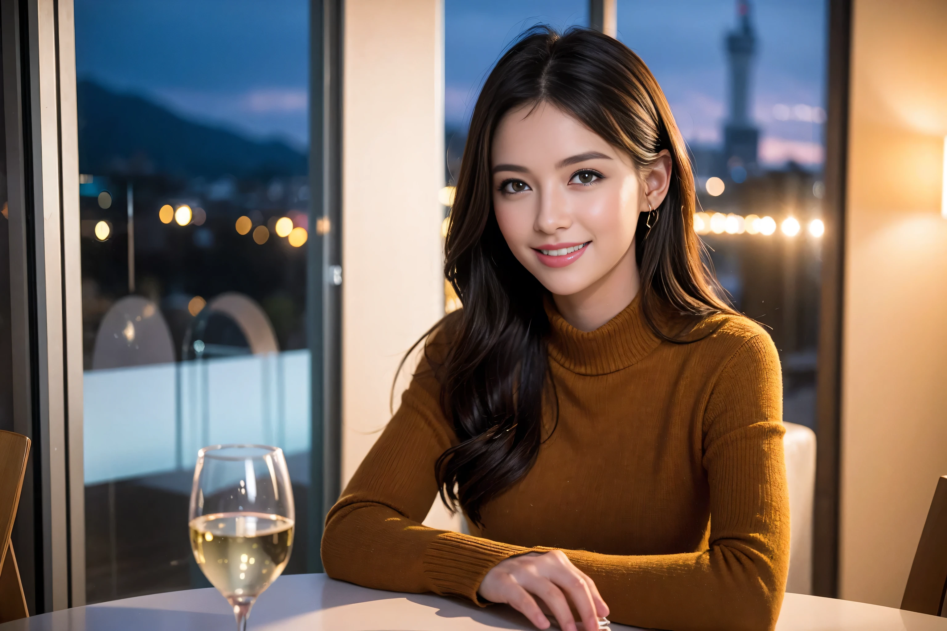((highest quality、8k、masterpiece:1.3))、Sharp focus:1.2、Beautiful woman perfect body:1.4、Slim body、((Bob Hale、Straight hair:1.2))、(to be born, highest quality, masterpiece:1.5), (Realistic, Intricate details:1.2), Wine glass on the table、Shine the light in your face、 Amazing view of the sunset sky and clouds、Amazing mountain views、A bright smile、A lovely woman with a smile、Bright image、The beauty of wine, Beautiful Face, blue eyes, The light shines on your face, Blushing, short hair,Bright Face、Fox face、 (43 years old), 39 years old, Lady、red wine 、Appetizers、Italian food、Wine bottle、Champagne、sparkling wine、Two beauties、Brown Hair、Shortcuts、Long sleeve shirt、dress、Pretty Woman 1, (Slim face), (The body is slim), (Brown Hair), (Shortcuts), cheeks turn a little red,Attractive beauty、, Out of the window, A beautiful and detailed night view unfolds.........., restaurant, In a prominent place (From the waist up) Nova Frog Style, actress, model, Upper Body, White wine, slim, wine glass, A wine glass placed in the middle, smile, (smile: 1.15), Beautiful fine grain, Depth f/2,saturation, High Contrast, Strong light and shadow,Moist Body:1.5、3D texture、Delicate eyes、Brown Hair、The hair is very shiny、